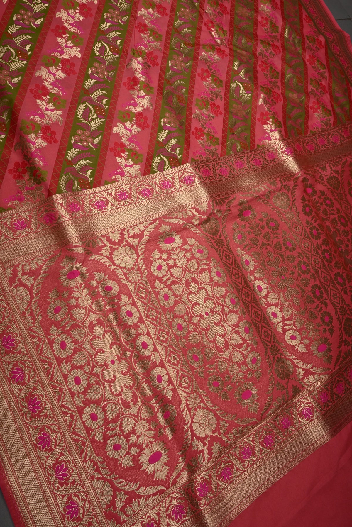 Coral Pink Rangkaat Style on Semi Silk Saree with Meenakari Diagonal Stripes and Zari Border | SHOBITAM