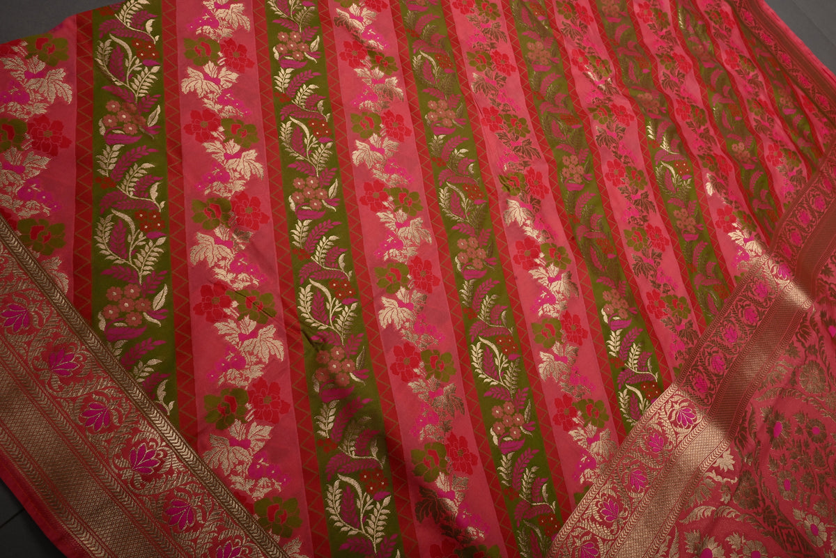 Coral Pink Rangkaat Style on Semi Silk Saree with Meenakari Diagonal Stripes and Zari Border | SHOBITAM