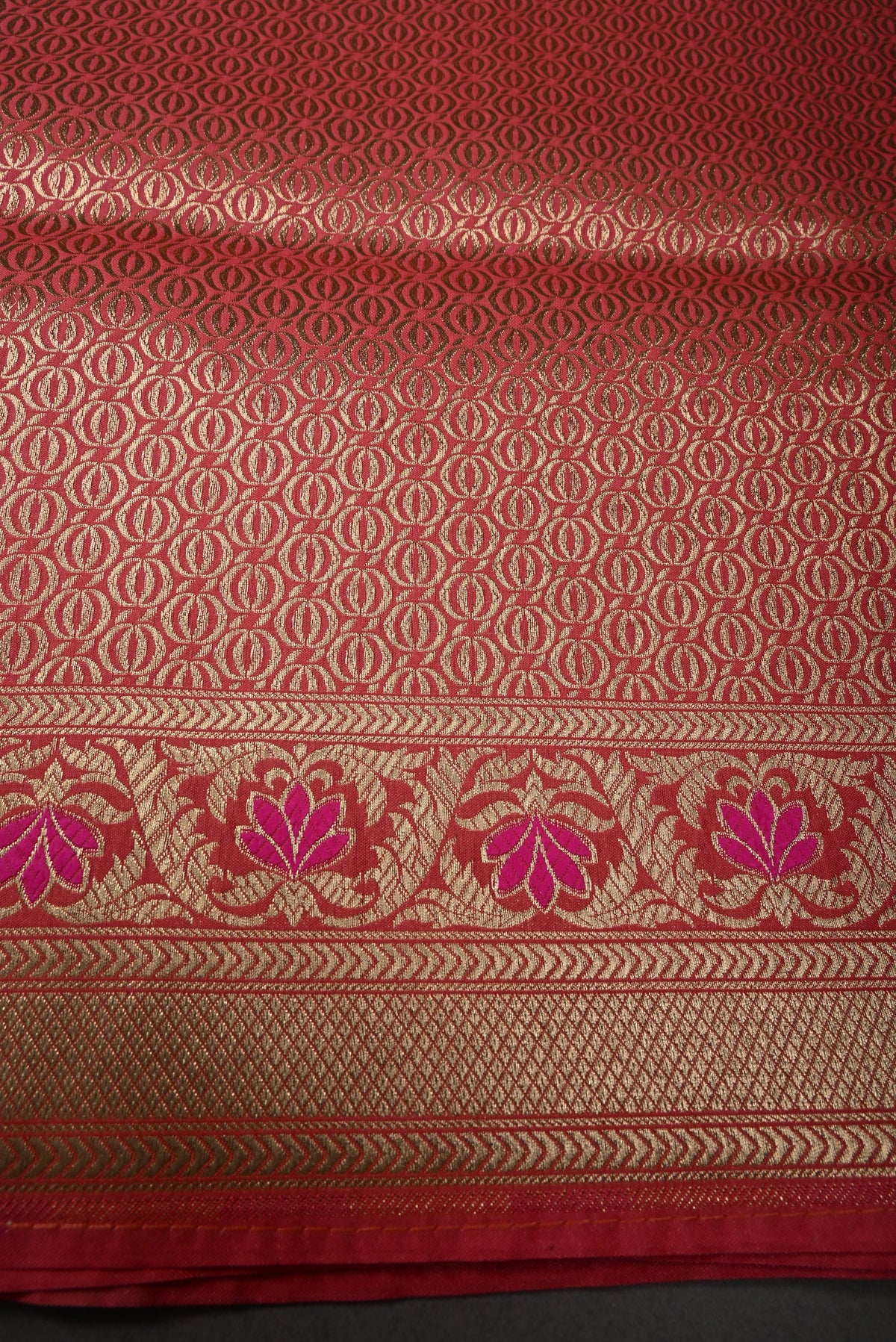Coral Pink Rangkaat Style on Semi Silk Saree with Meenakari Diagonal Stripes and Zari Border | SHOBITAM