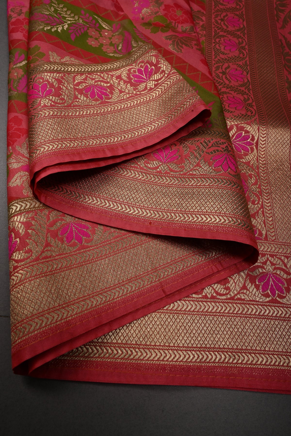 Coral Pink Rangkaat Style on Semi Silk Saree with Meenakari Diagonal Stripes and Zari Border | SHOBITAM