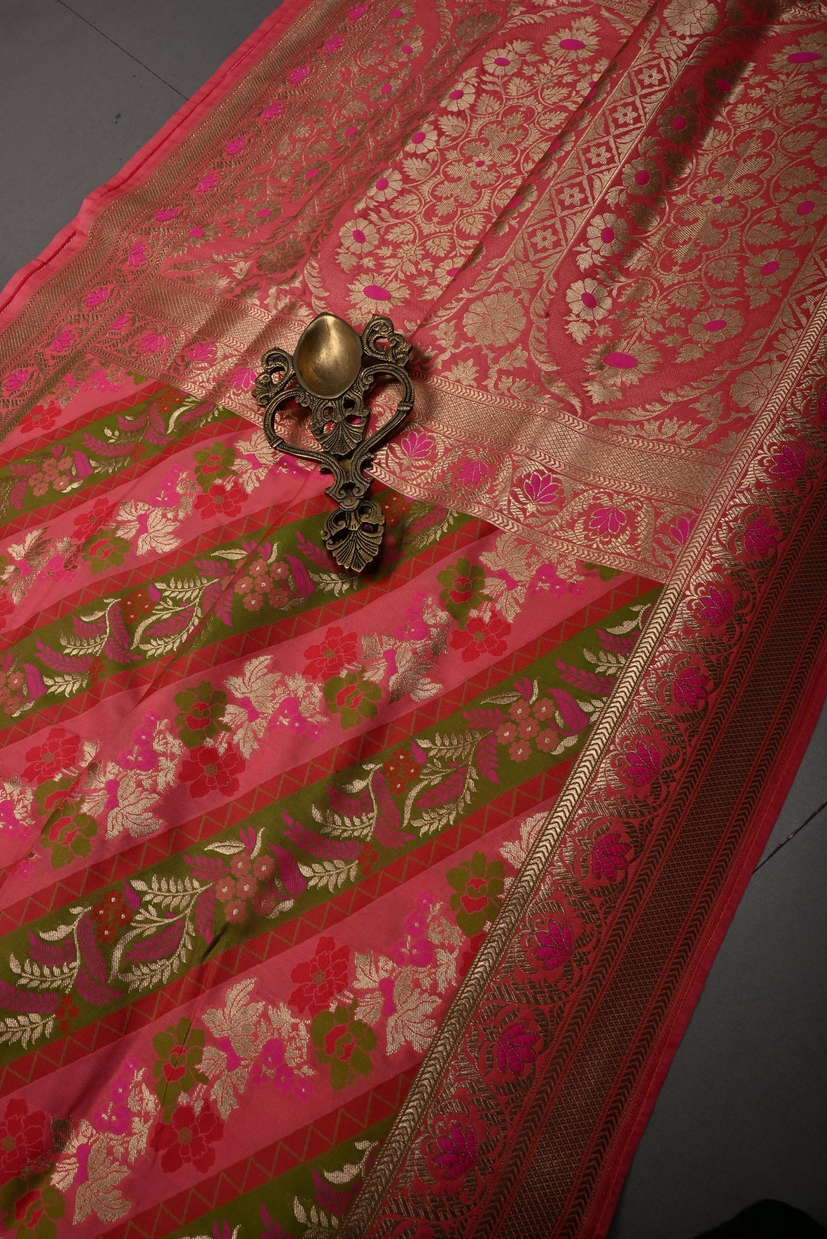 Coral Pink Rangkaat Style on Semi Silk Saree with Meenakari Diagonal Stripes and Zari Border | SHOBITAM