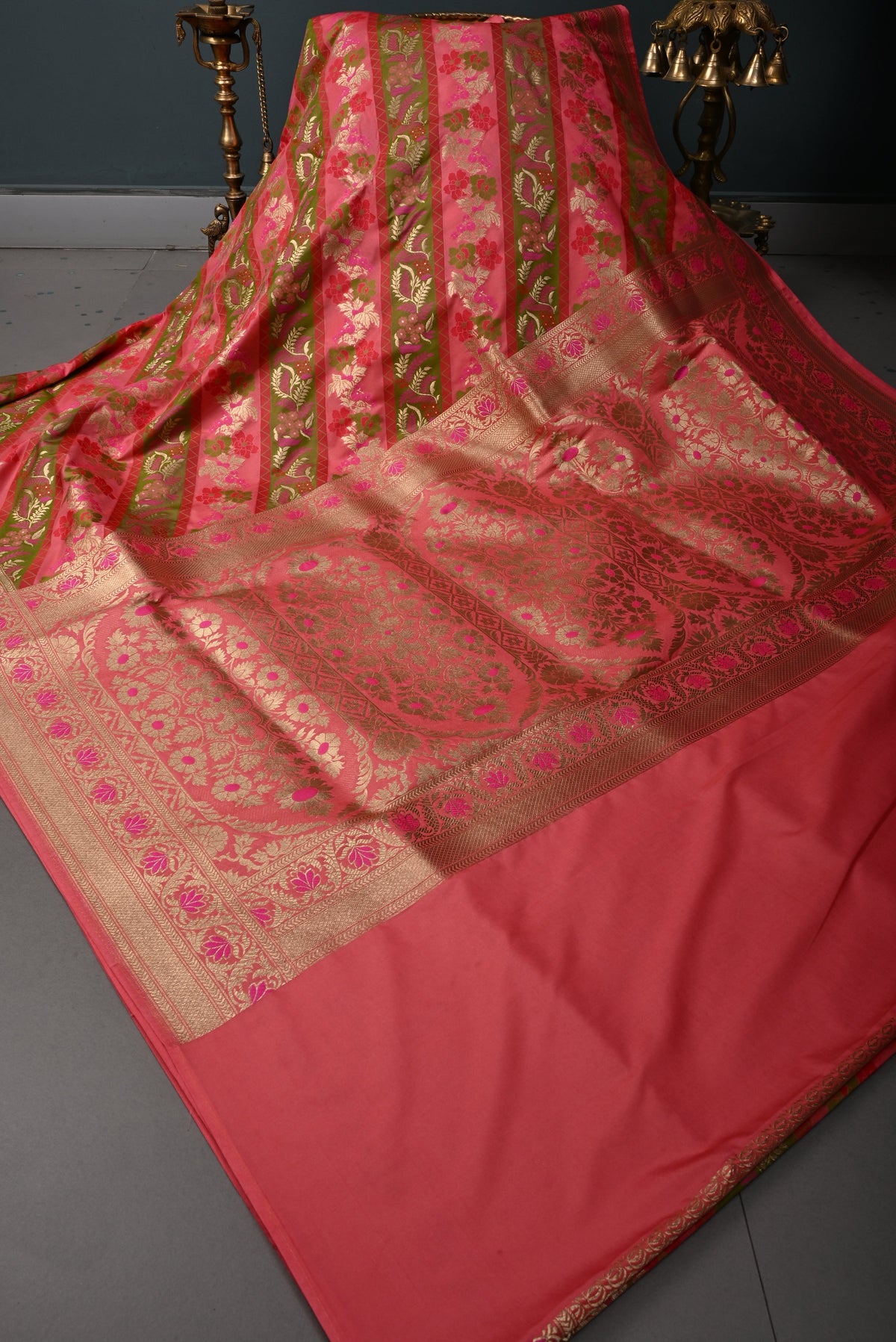Coral Pink Rangkaat Style on Semi Silk Saree with Meenakari Diagonal Stripes and Zari Border | SHOBITAM