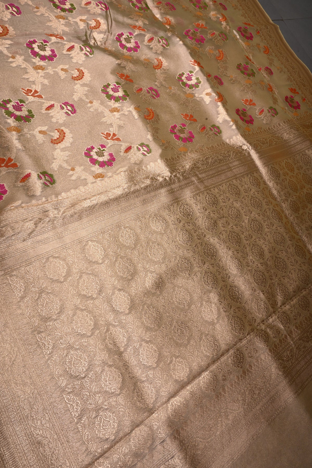 Tan Gold Tissue Semi Silk Saree with Meenakari Floral Jaal and Zari Border | SHOBITAM