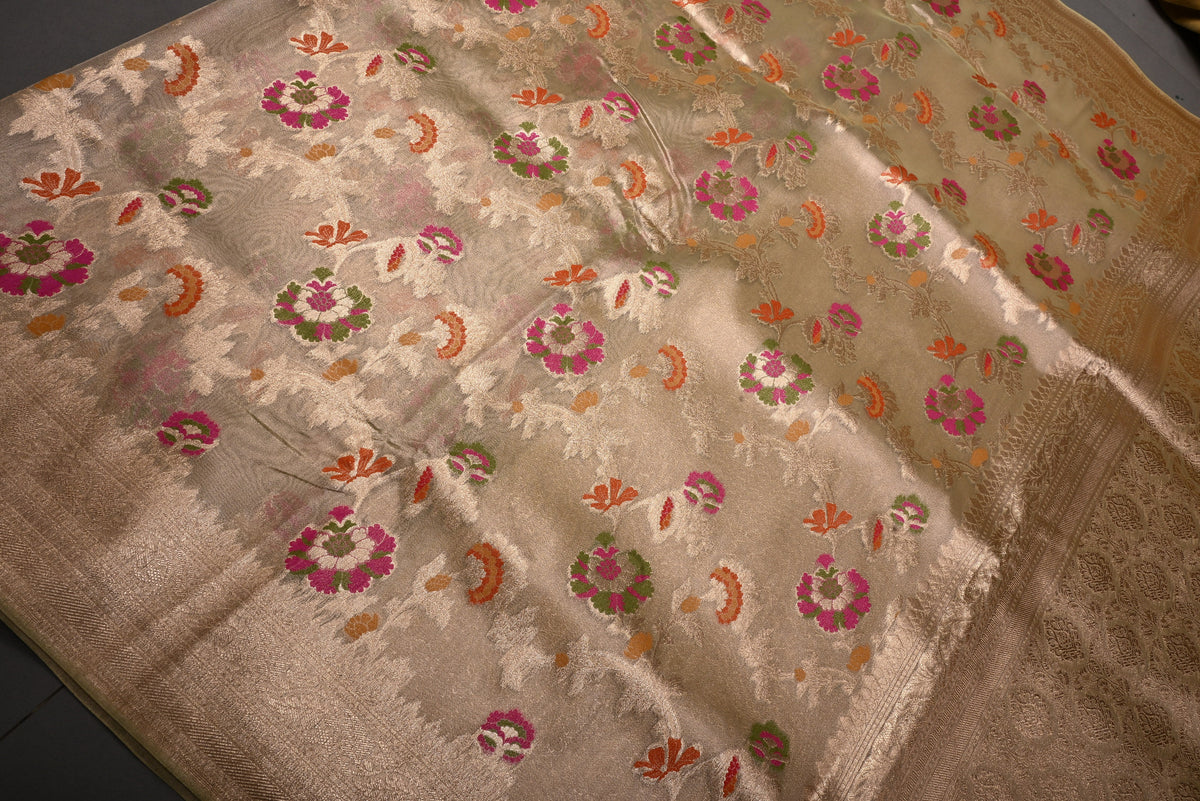Tan Gold Tissue Semi Silk Saree with Meenakari Floral Jaal and Zari Border | SHOBITAM