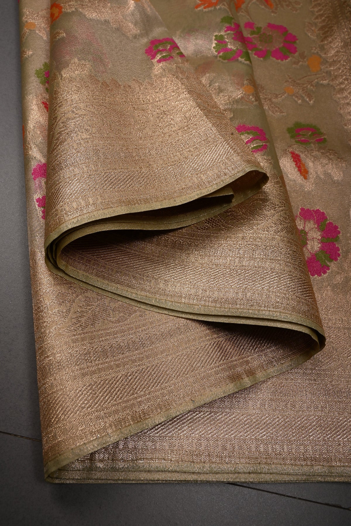 Tan Gold Tissue Semi Silk Saree with Meenakari Floral Jaal and Zari Border | SHOBITAM