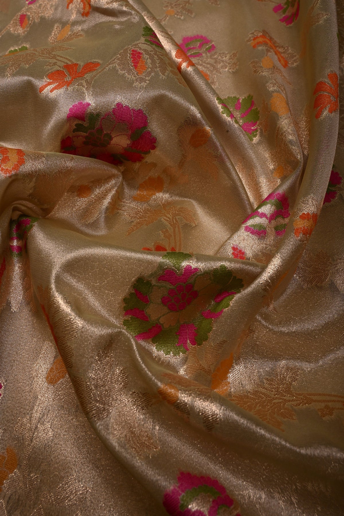 Tan Gold Tissue Semi Silk Saree with Meenakari Floral Jaal and Zari Border | SHOBITAM