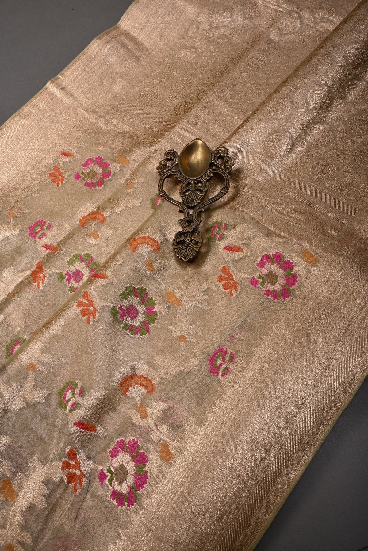 Tan Gold Tissue Semi Silk Saree with Meenakari Floral Jaal and Zari Border | SHOBITAM