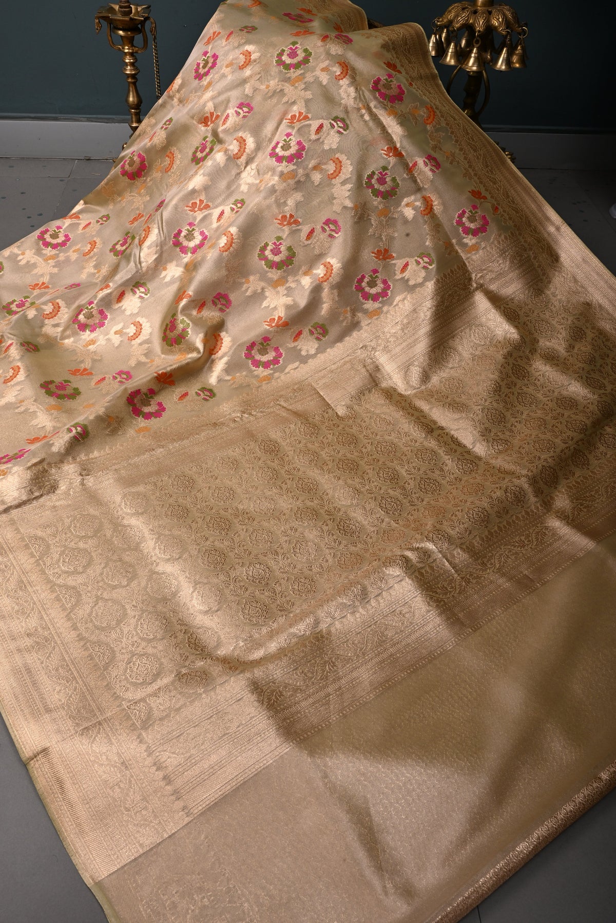 Tan Gold Tissue Semi Silk Saree with Meenakari Floral Jaal and Zari Border | SHOBITAM