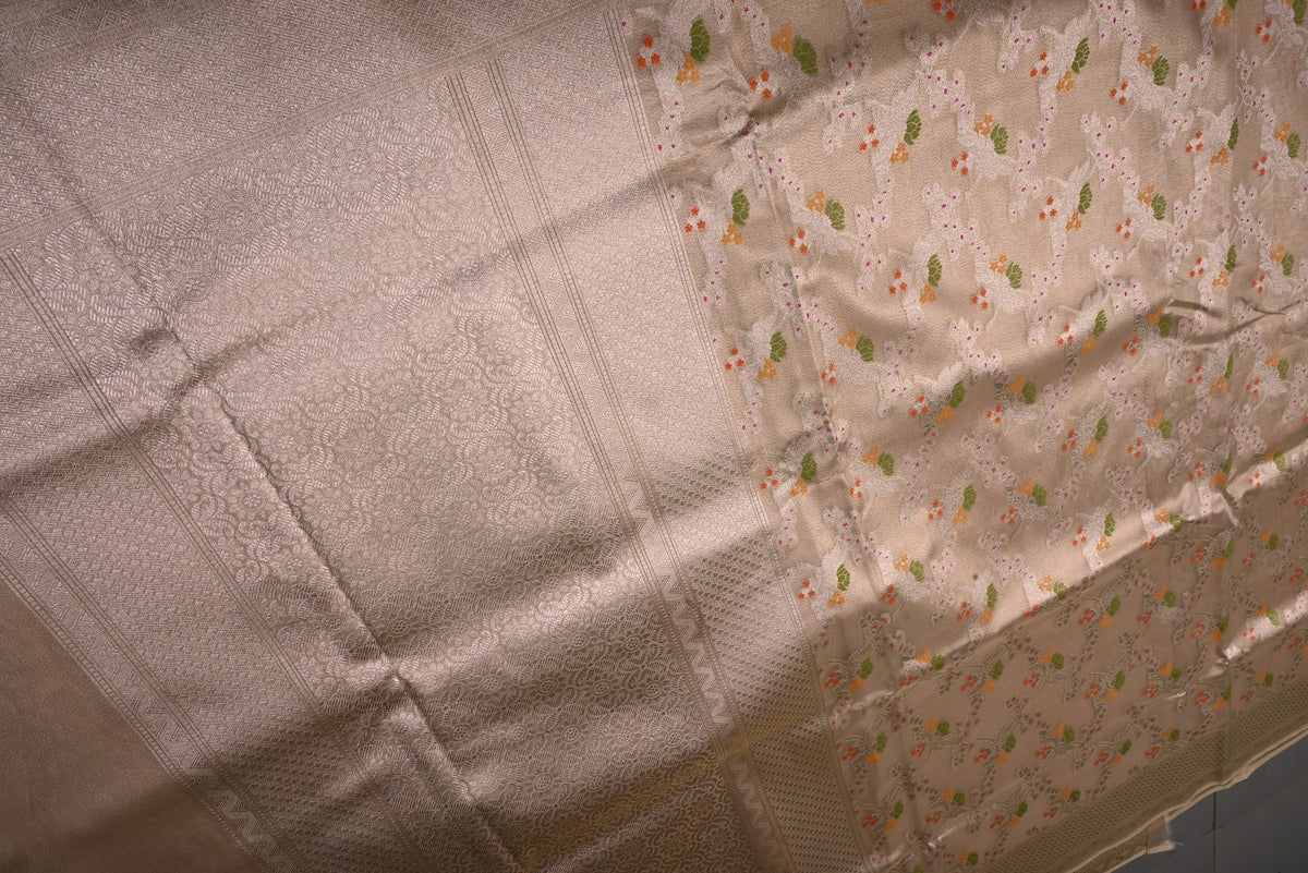 Gold Tissue Semi Silk Saree with Meenakari Floral Jaal and Zari Border | SHOBITAM