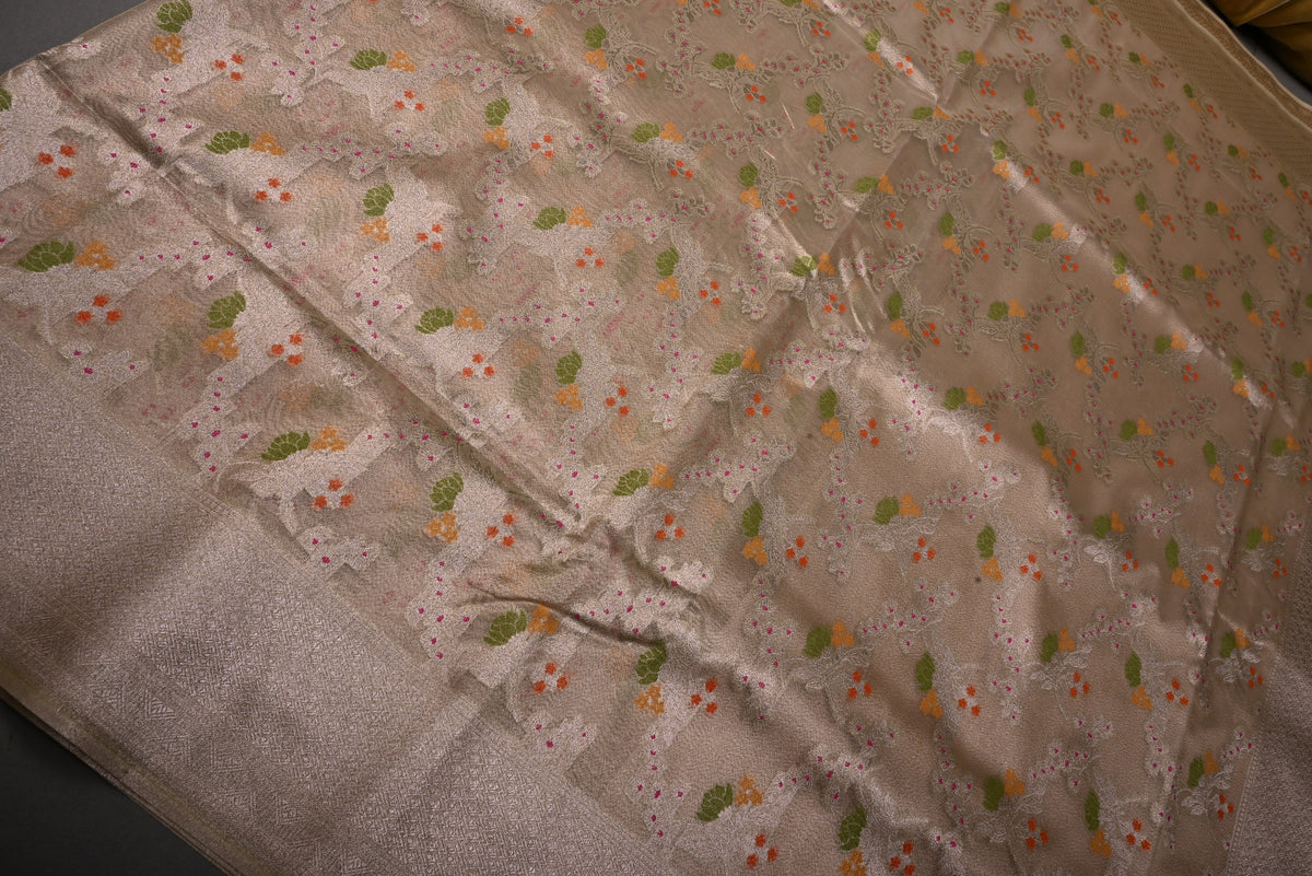 Gold Tissue Semi Silk Saree with Meenakari Floral Jaal and Zari Border | SHOBITAM