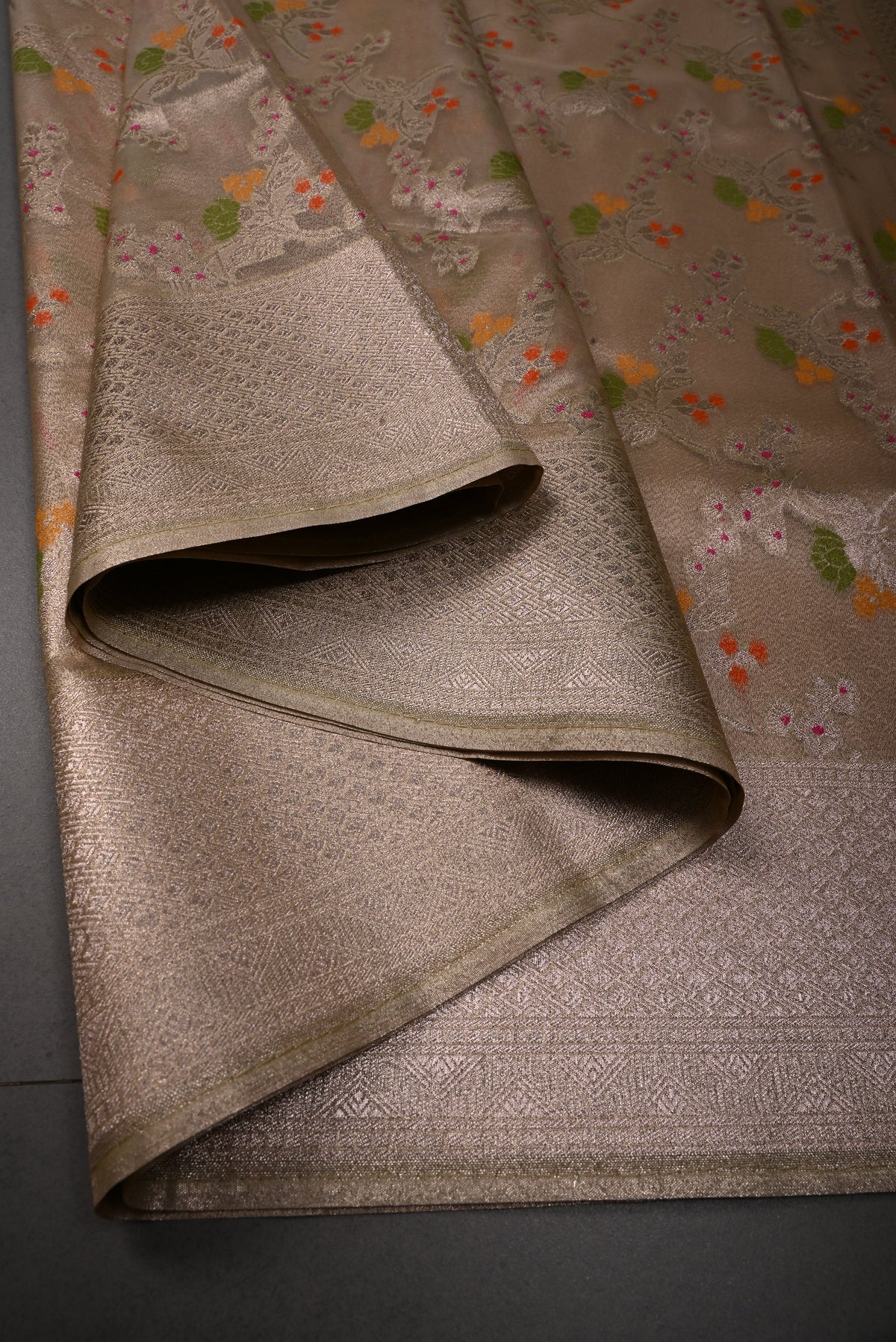 Gold Tissue Semi Silk Saree with Meenakari Floral Jaal and Zari Border | SHOBITAM