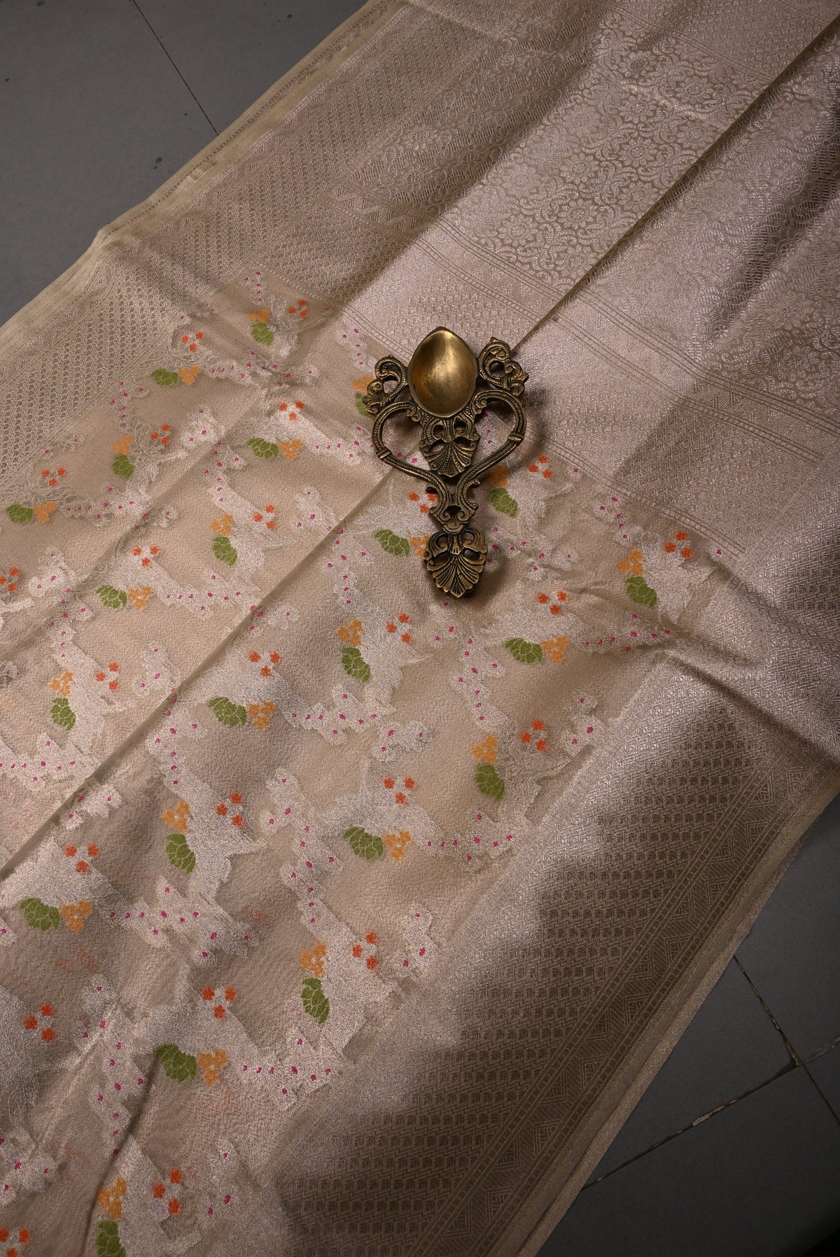 Gold Tissue Semi Silk Saree with Meenakari Floral Jaal and Zari Border | SHOBITAM