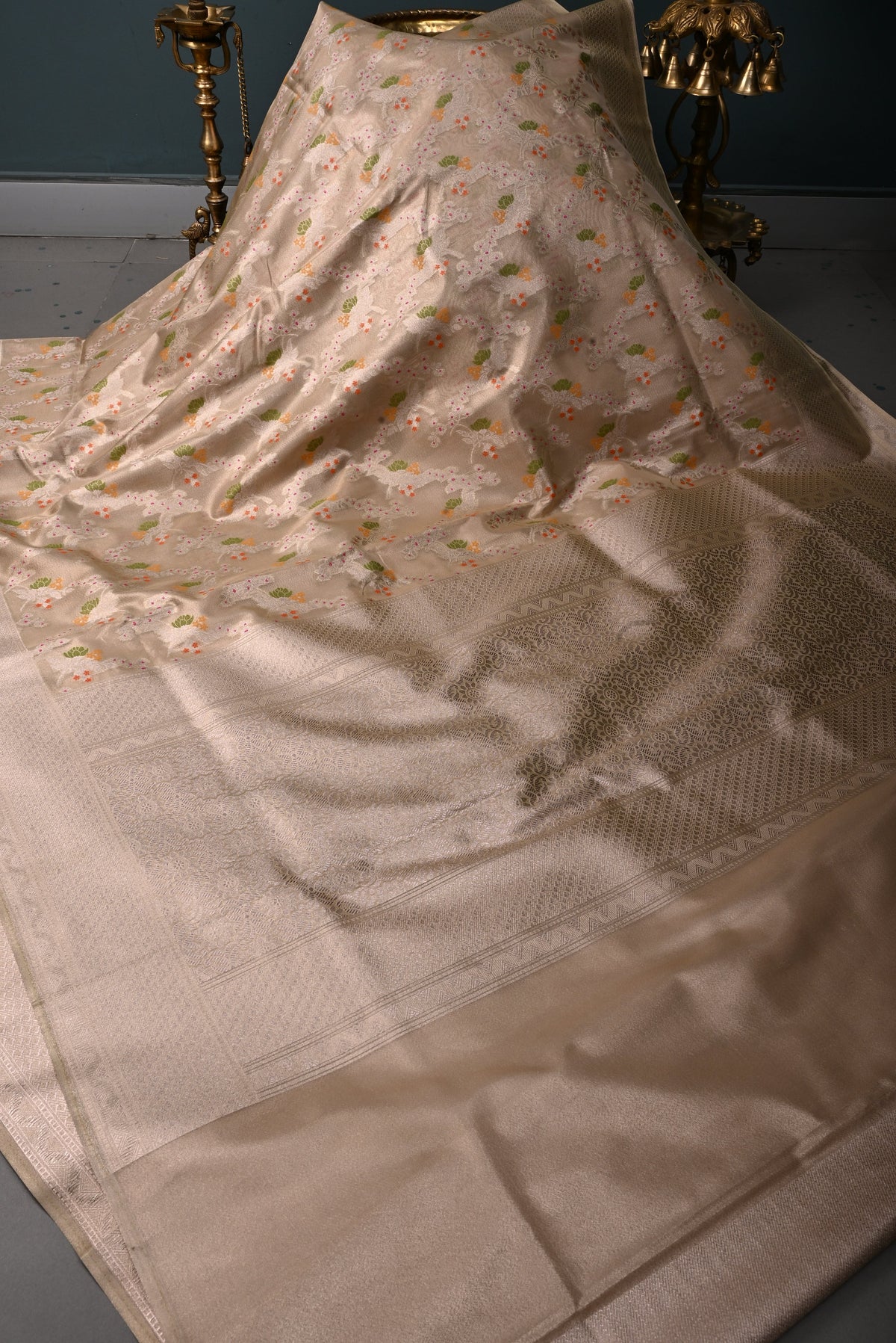 Gold Tissue Semi Silk Saree with Meenakari Floral Jaal and Zari Border | SHOBITAM