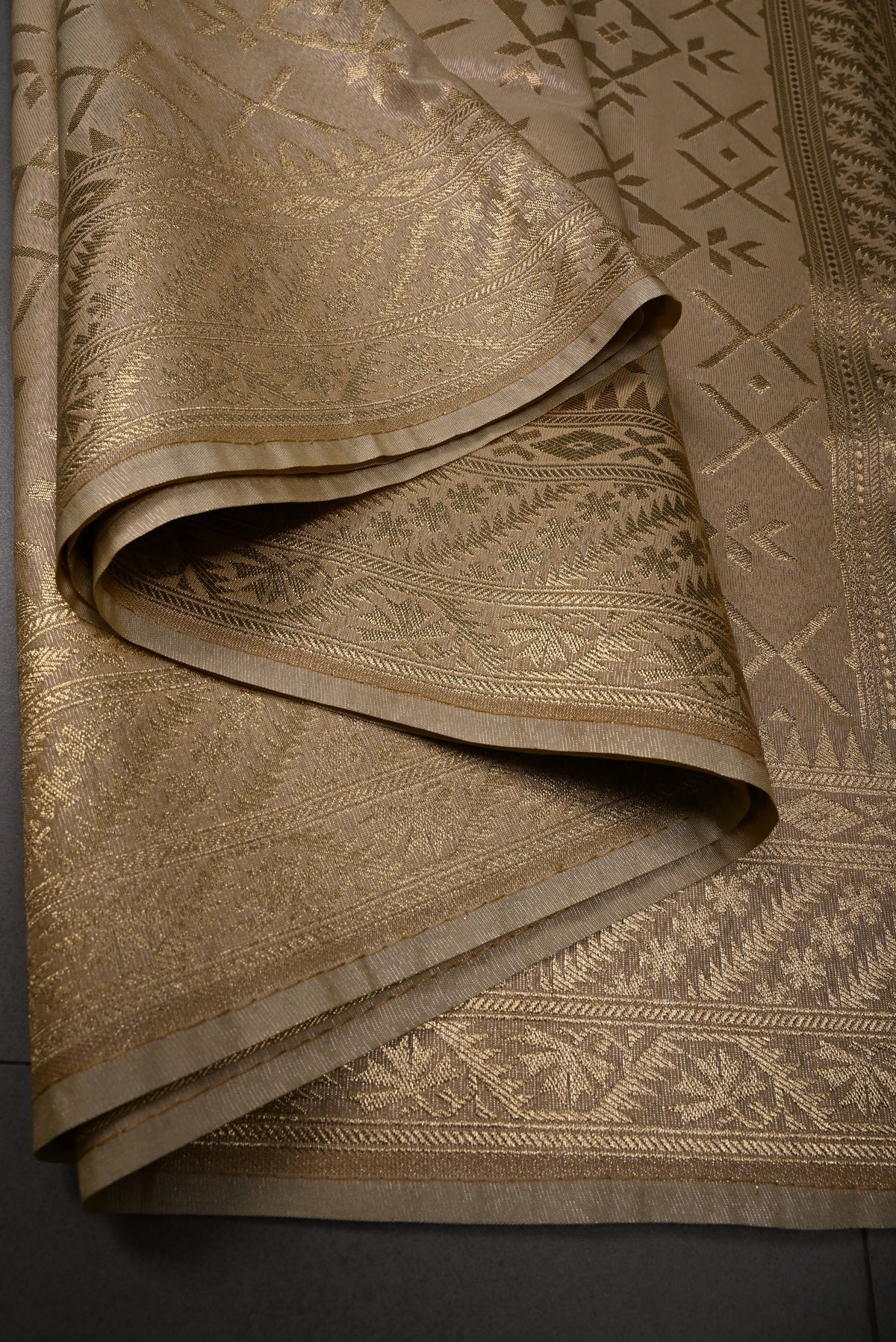 Tan Beige Tissue Semi Silk Saree with Zari Brocade and Zari Border | SHOBITAM