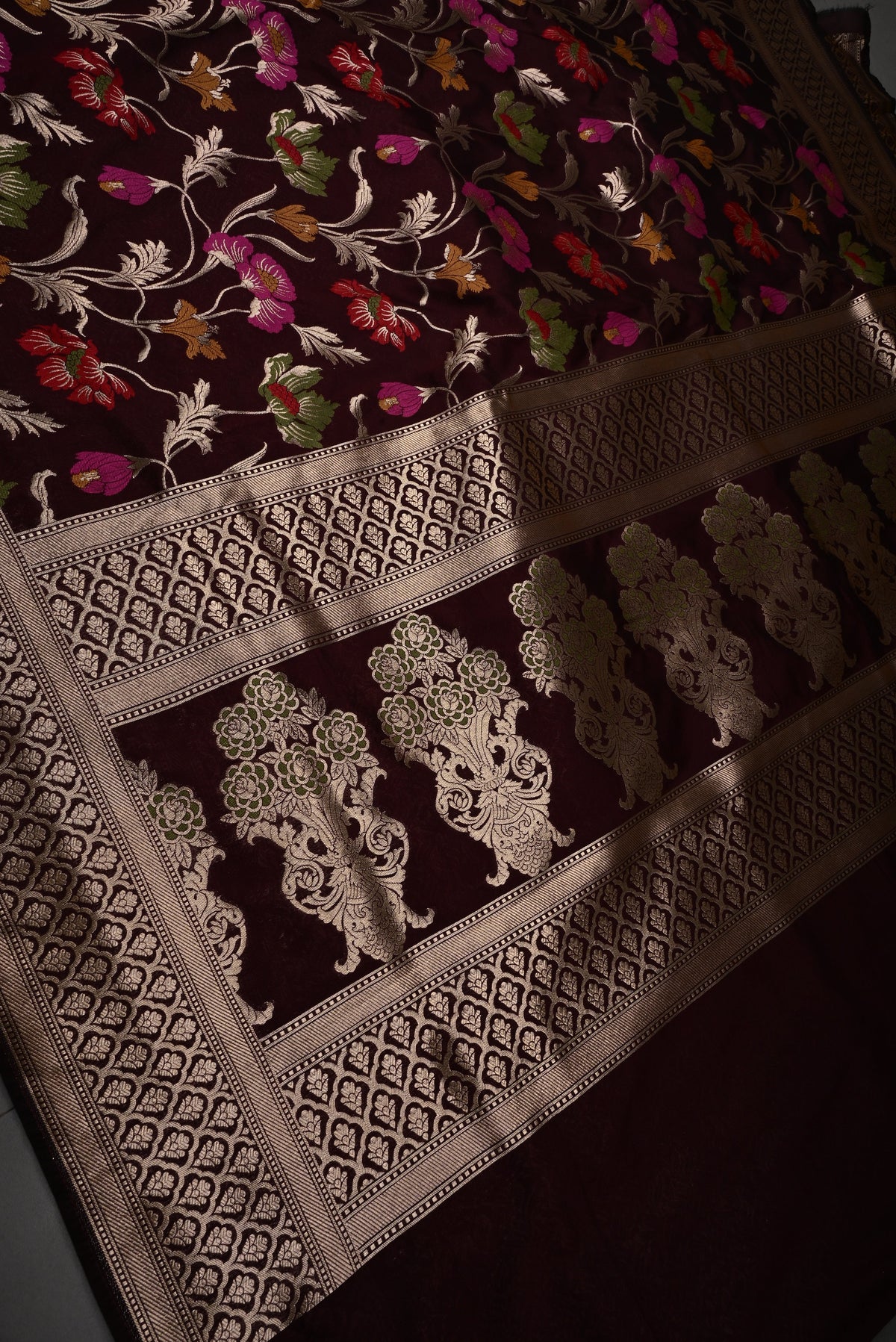 Chocolate Brown Semi Silk Saree with Meenakari Floral Jaal and Zari Borders | SHOBITAM