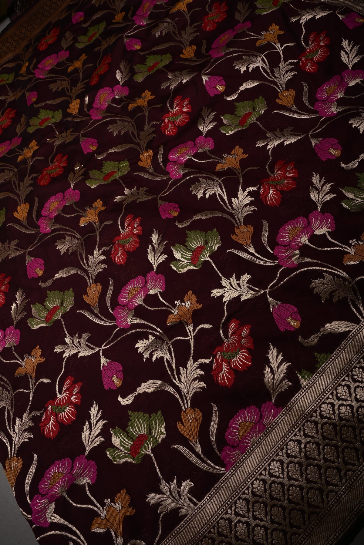 Chocolate Brown Semi Silk Saree with Meenakari Floral Jaal and Zari Borders | SHOBITAM