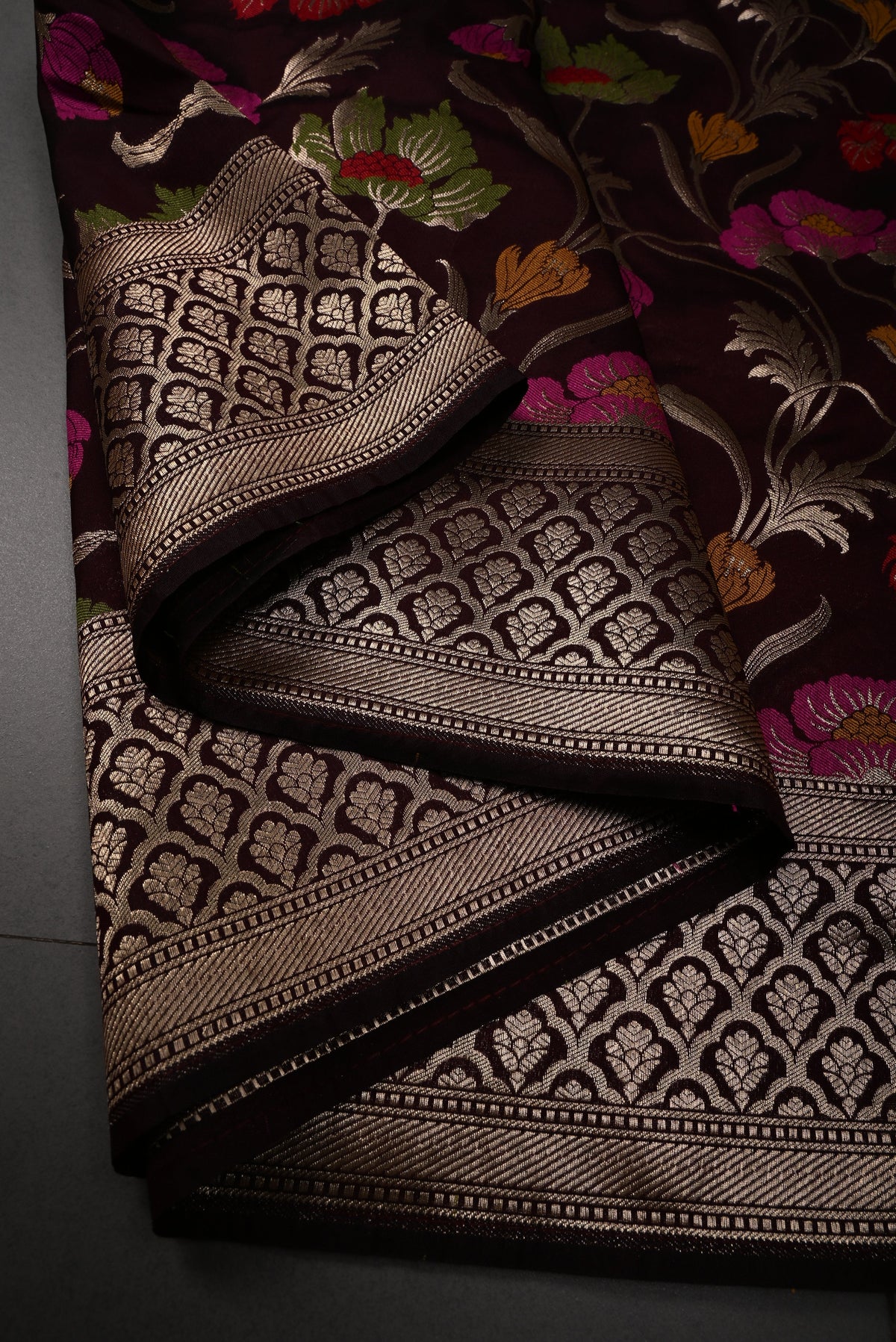 Chocolate Brown Semi Silk Saree with Meenakari Floral Jaal and Zari Borders | SHOBITAM