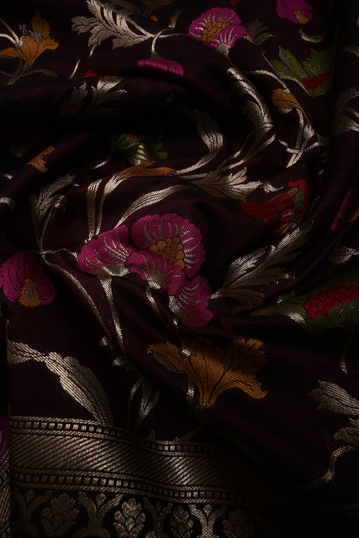 Chocolate Brown Semi Silk Saree with Meenakari Floral Jaal and Zari Borders | SHOBITAM