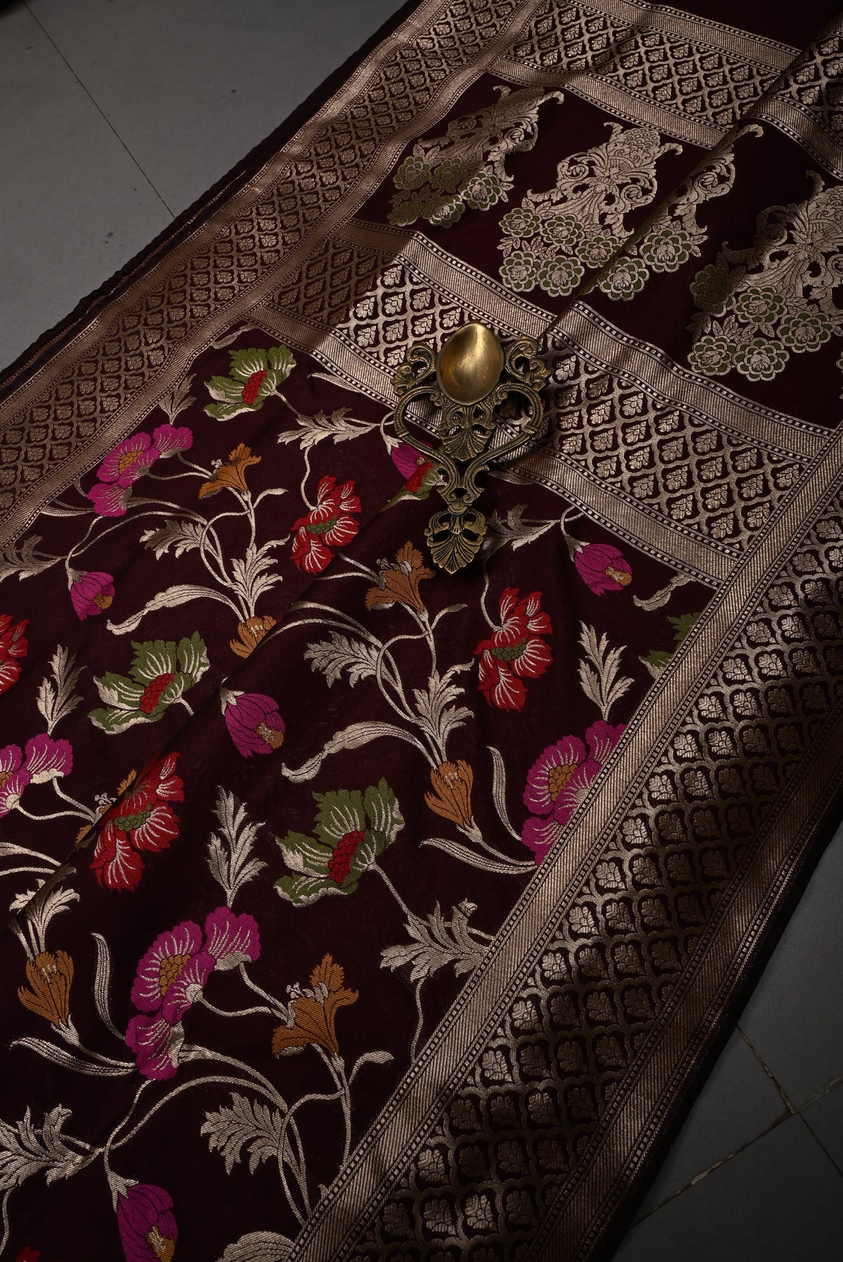 Chocolate Brown Semi Silk Saree with Meenakari Floral Jaal and Zari Borders | SHOBITAM