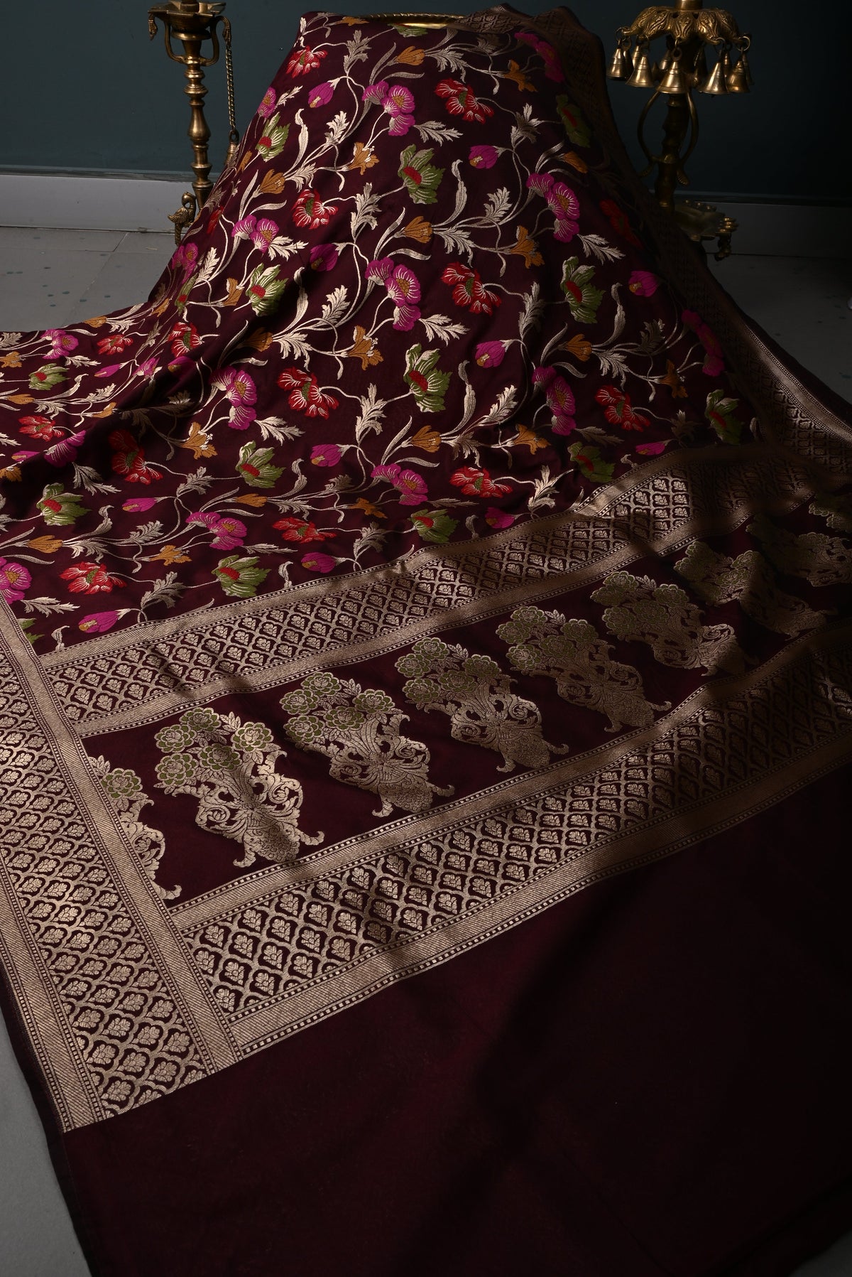 Chocolate Brown Semi Silk Saree with Meenakari Floral Jaal and Zari Borders | SHOBITAM