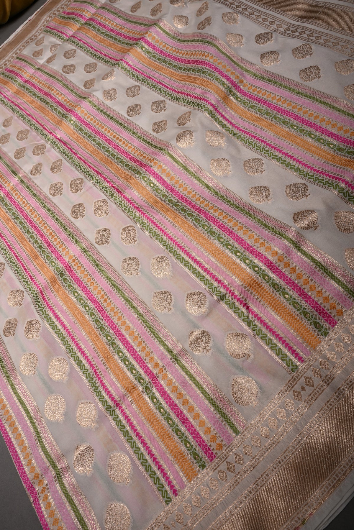 Off White Semi Silk Saree with Meenakari Stripes-Zari Buttas and Zari Borders | SHOBITAM