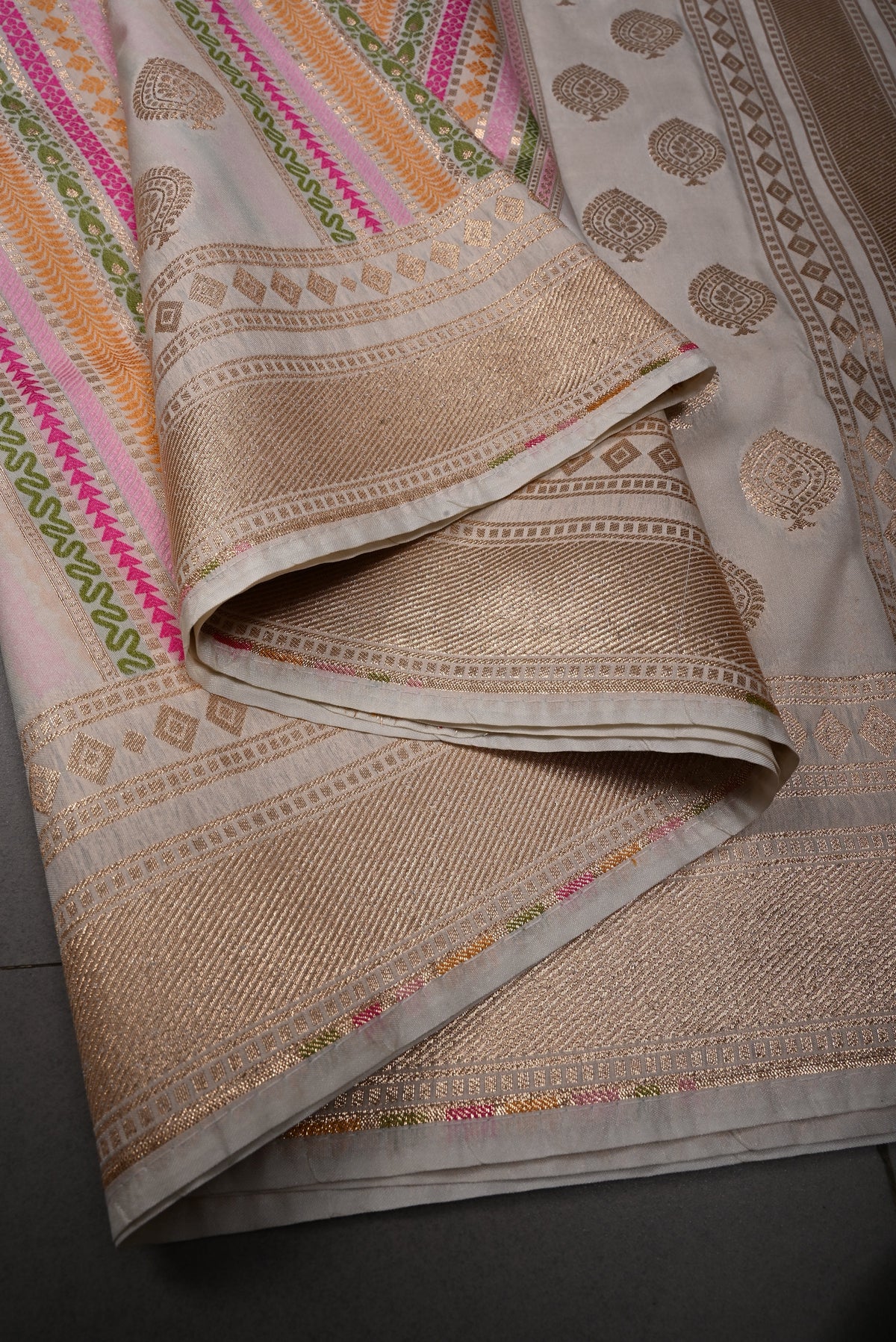Off White Semi Silk Saree with Meenakari Stripes-Zari Buttas and Zari Borders | SHOBITAM