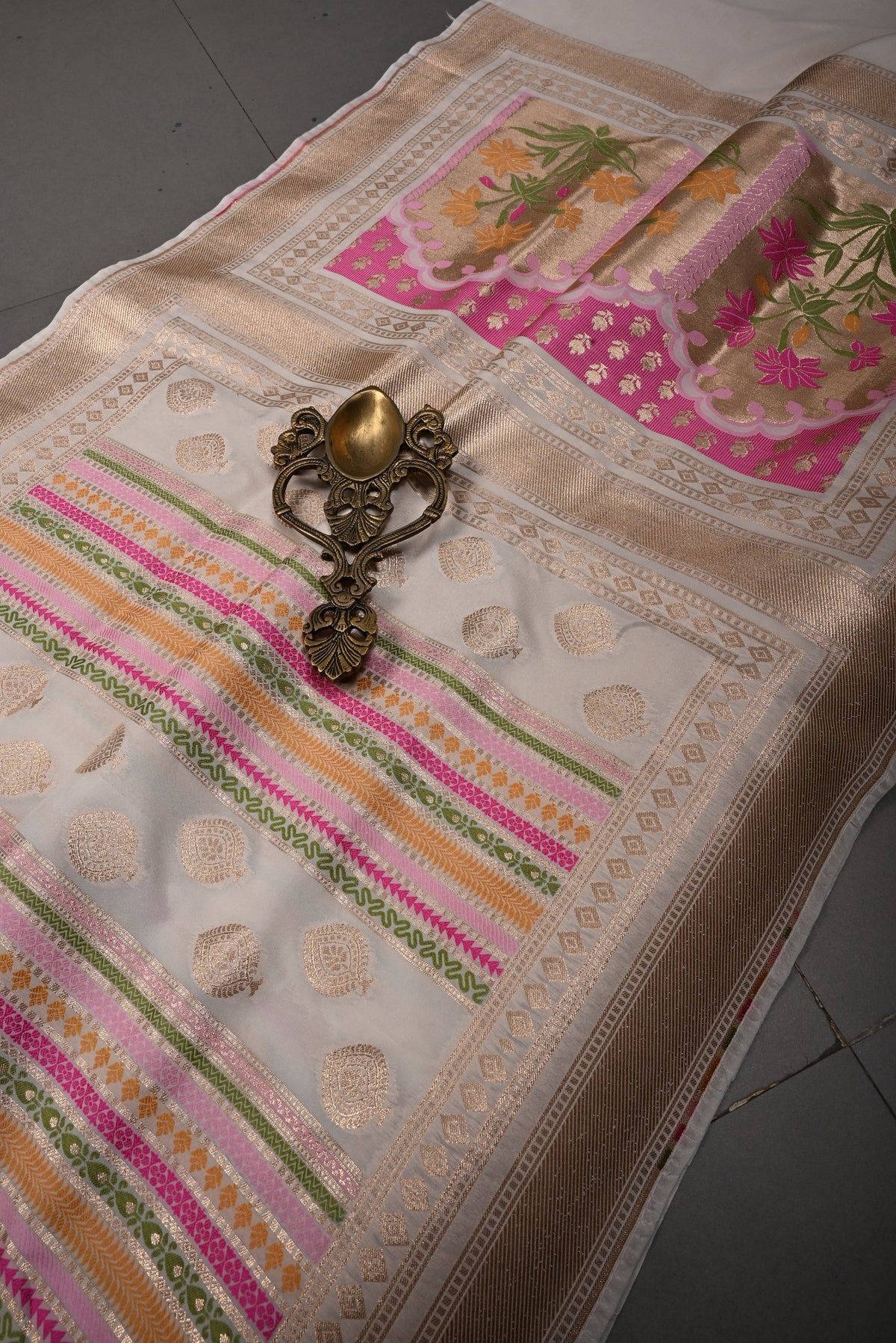 Off White Semi Silk Saree with Meenakari Stripes-Zari Buttas and Zari Borders | SHOBITAM