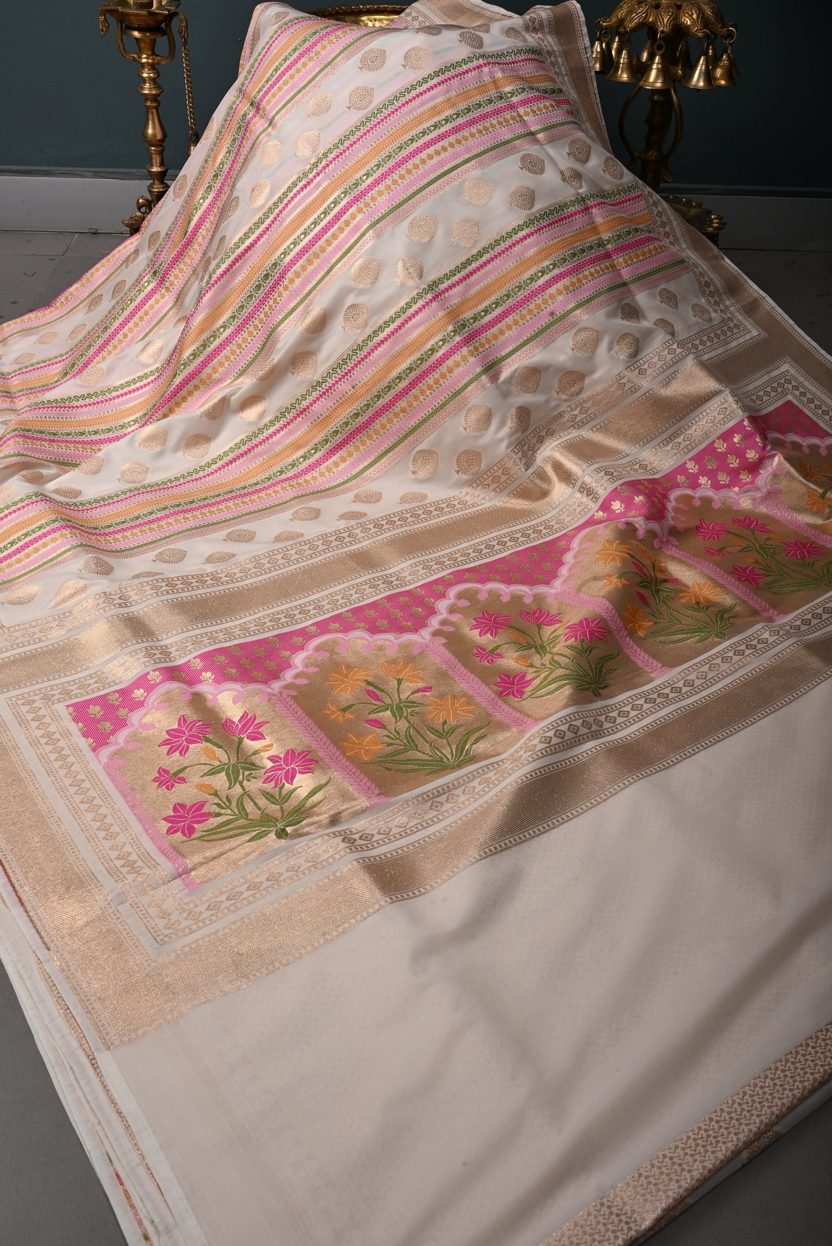Off White Semi Silk Saree with Meenakari Stripes-Zari Buttas and Zari Borders | SHOBITAM