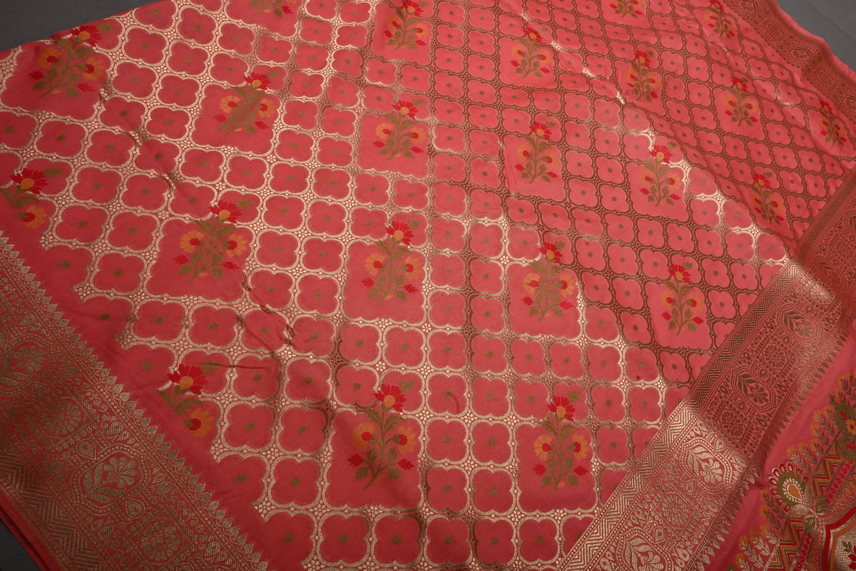 Salmon Pink Meenakari Floral Brocade on Semi Silk Saree with Zari Border | SHOBITAM