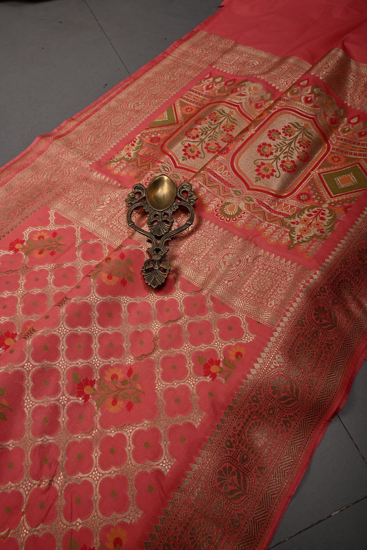 Salmon Pink Meenakari Floral Brocade on Semi Silk Saree with Zari Border | SHOBITAM