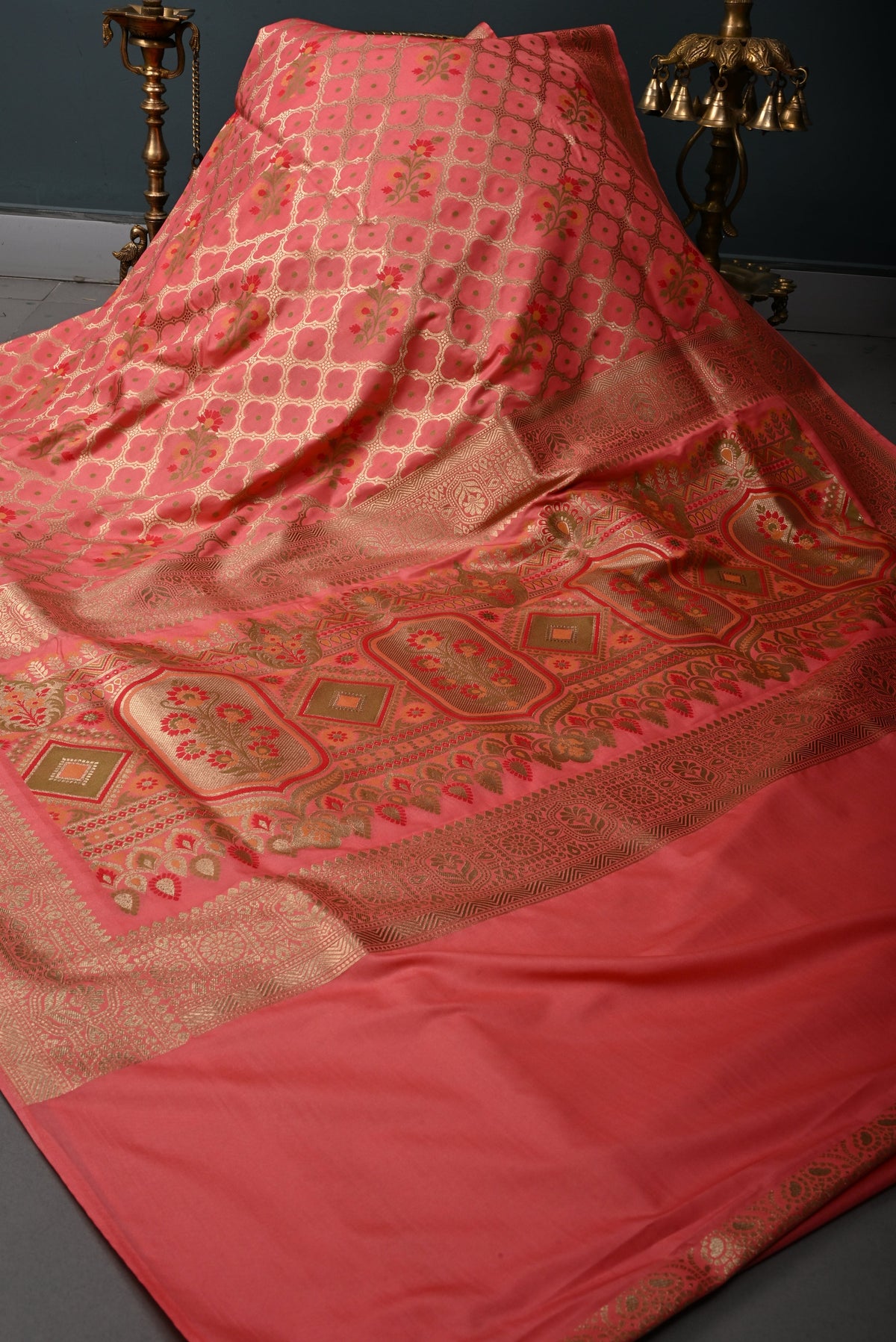Salmon Pink Meenakari Floral Brocade on Semi Silk Saree with Zari Border | SHOBITAM