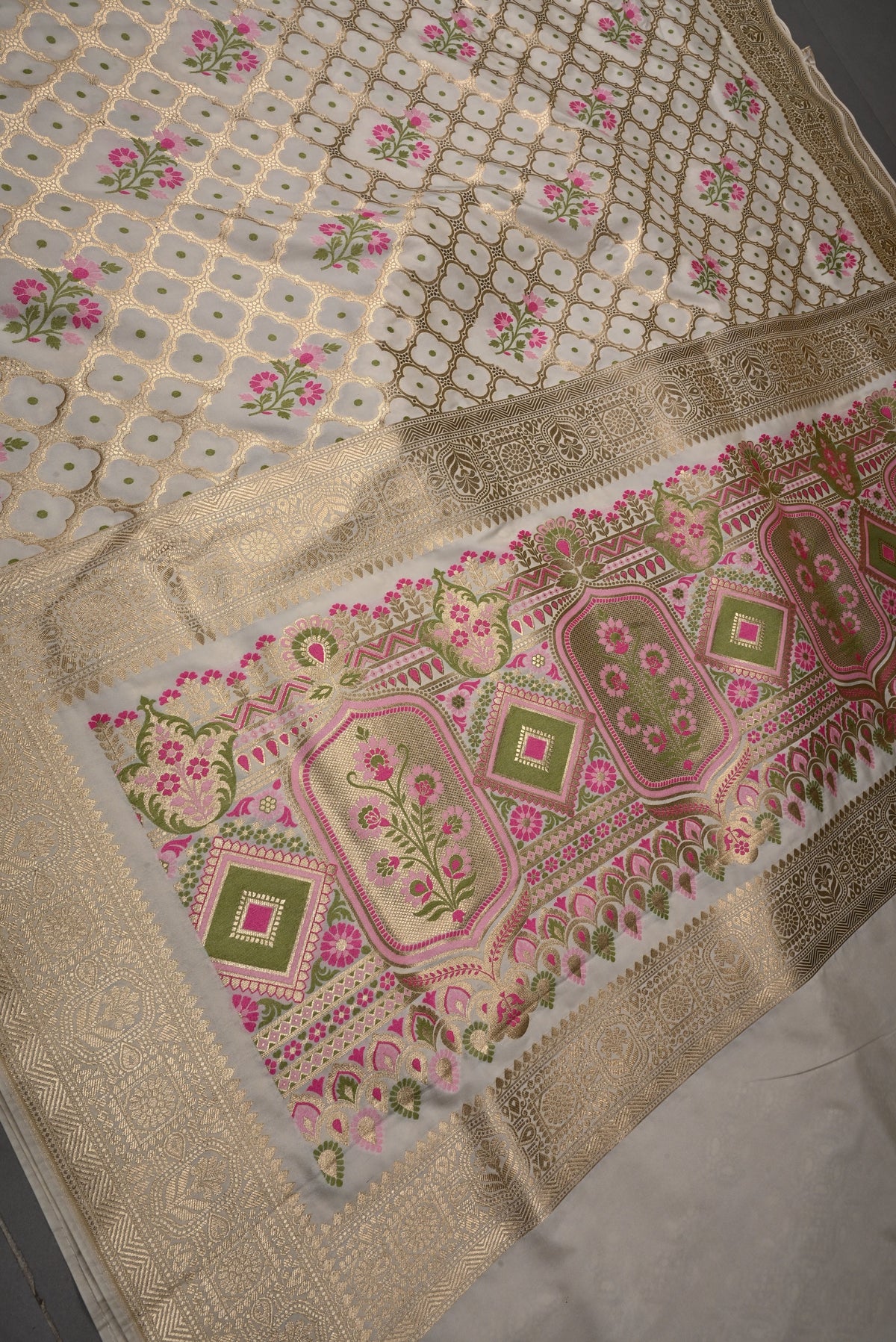Ivory Meenakari Floral Brocade on Semi Silk Saree with Zari Border | SHOBITAM