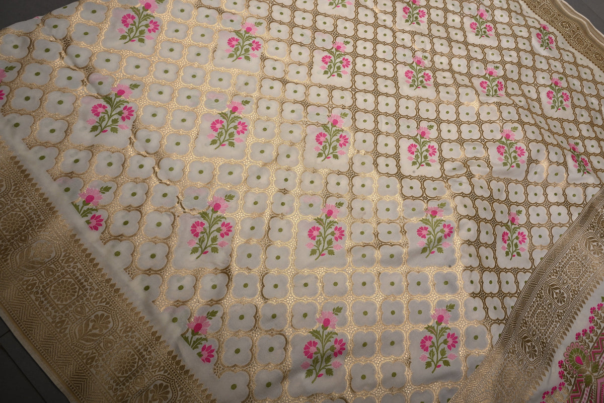 Ivory Meenakari Floral Brocade on Semi Silk Saree with Zari Border | SHOBITAM