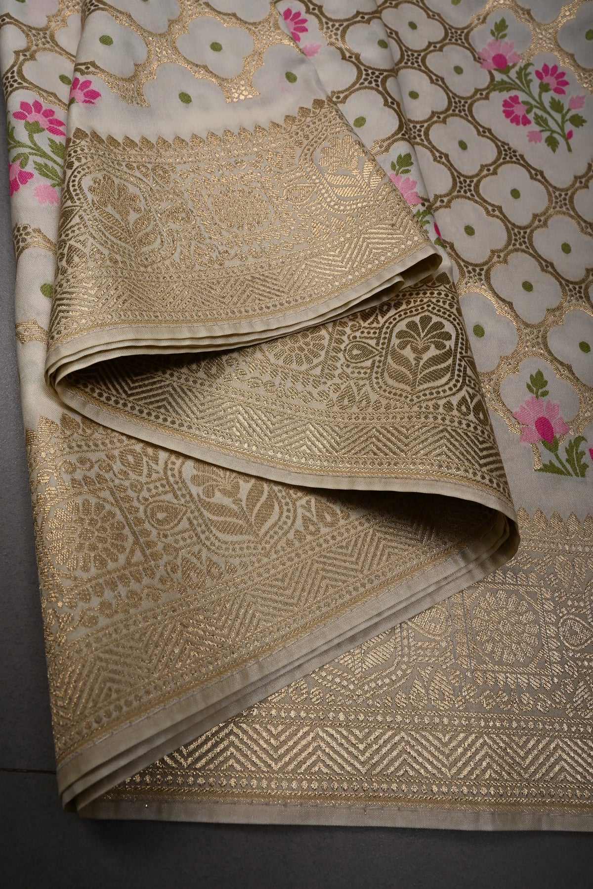 Ivory Meenakari Floral Brocade on Semi Silk Saree with Zari Border | SHOBITAM