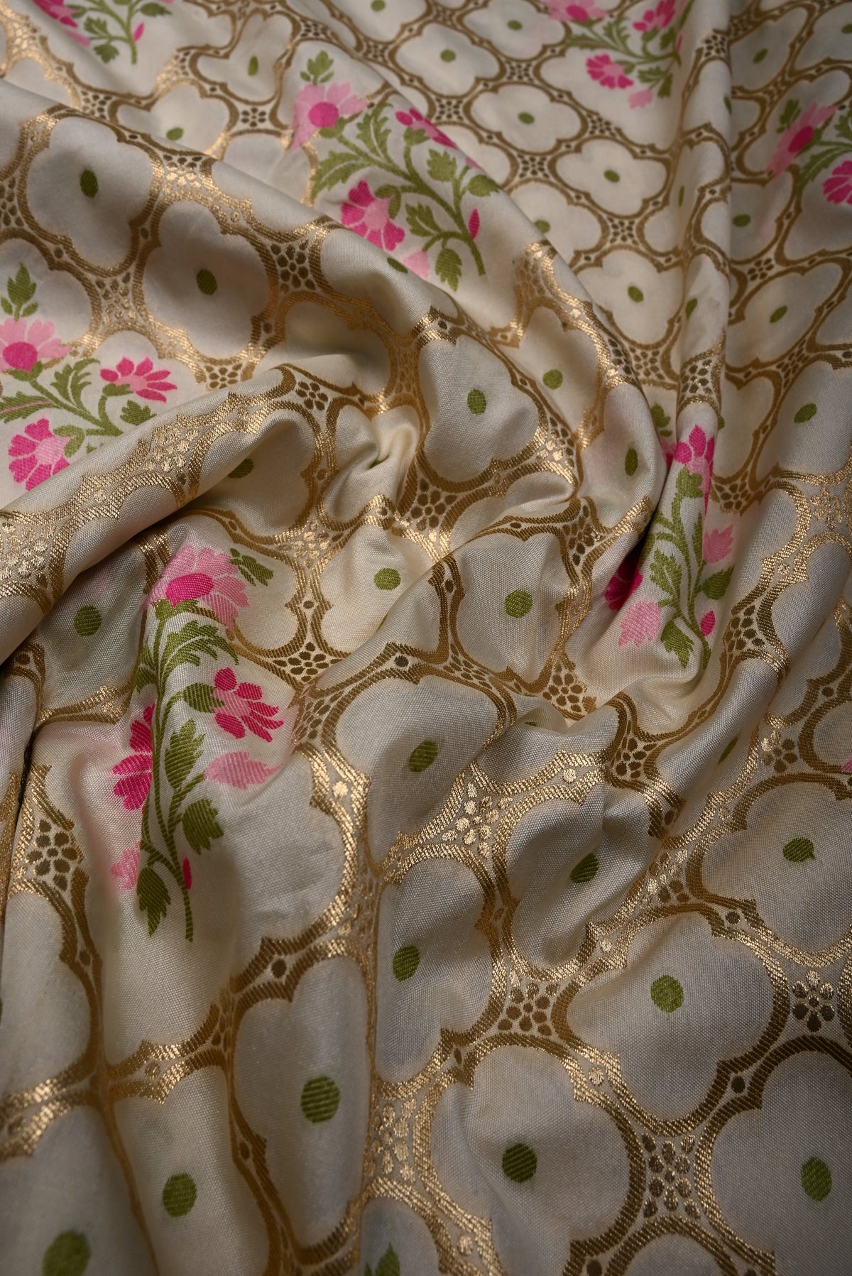 Ivory Meenakari Floral Brocade on Semi Silk Saree with Zari Border | SHOBITAM