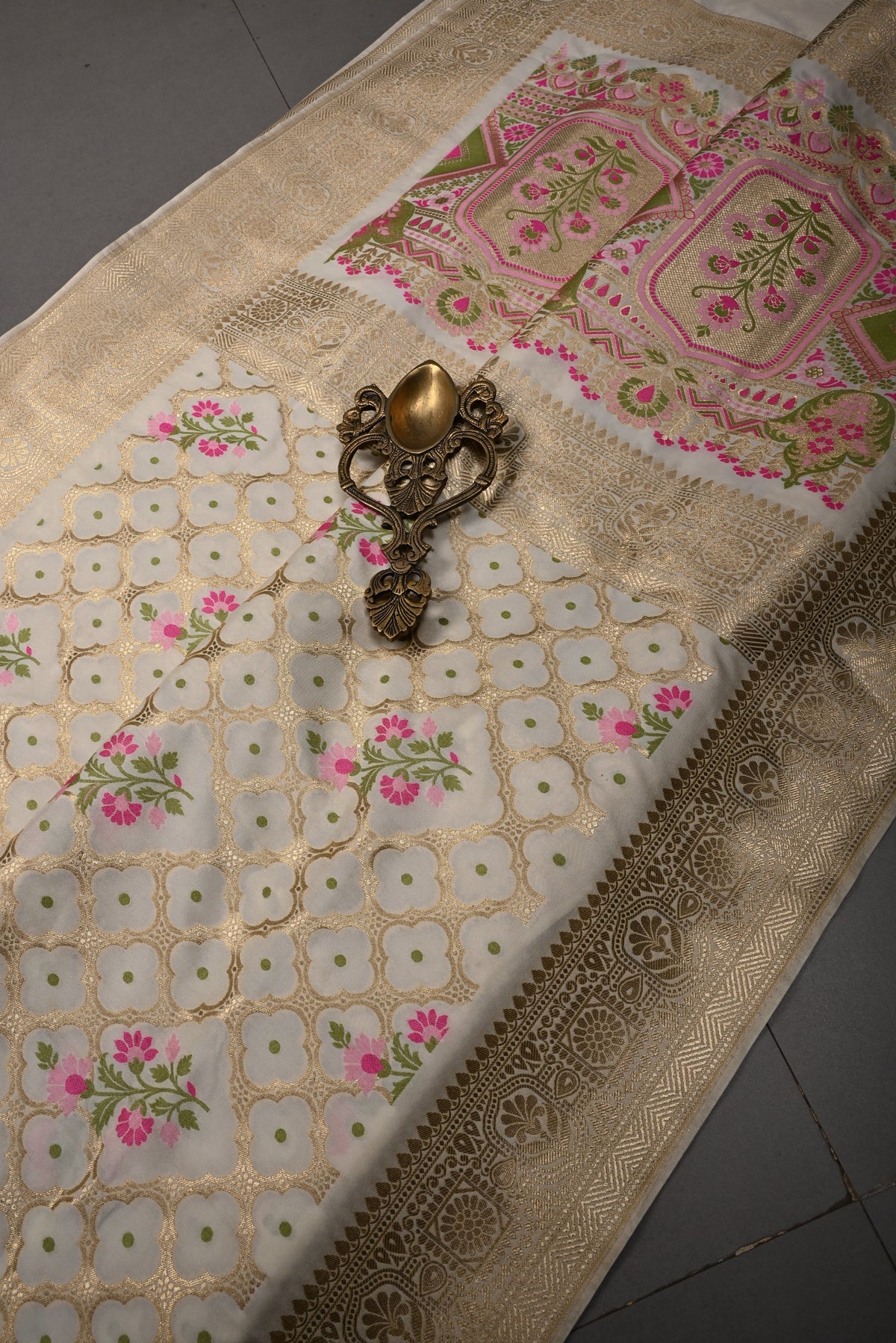 Ivory Meenakari Floral Brocade on Semi Silk Saree with Zari Border | SHOBITAM