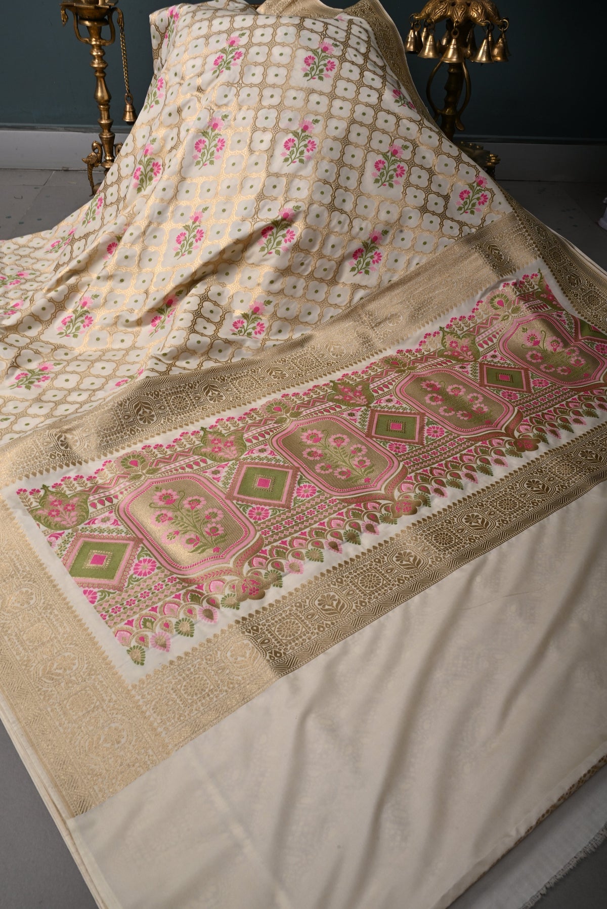 Ivory Meenakari Floral Brocade on Semi Silk Saree with Zari Border | SHOBITAM