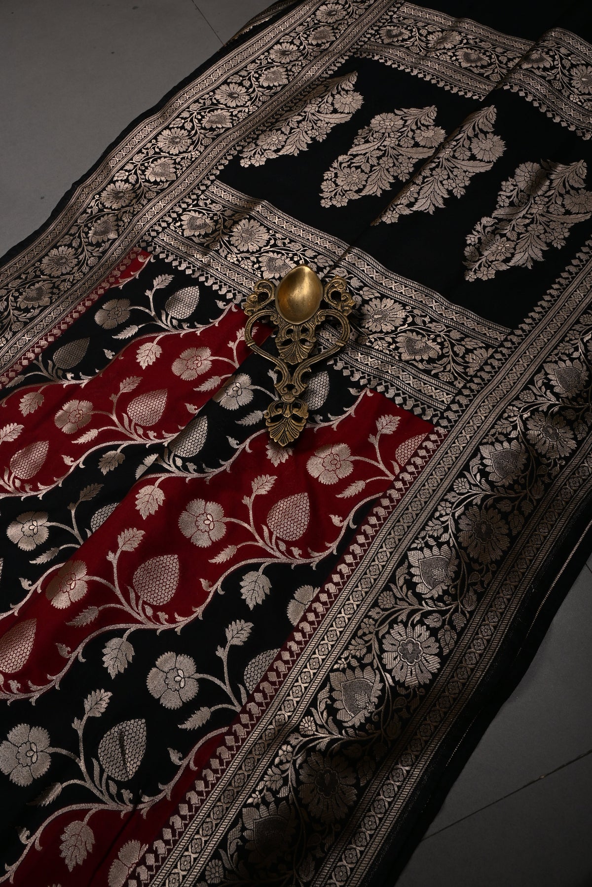 Black-Red Semi Silk Saree with Leheriya Floral Jaal and Zari Border | SHOBITAM