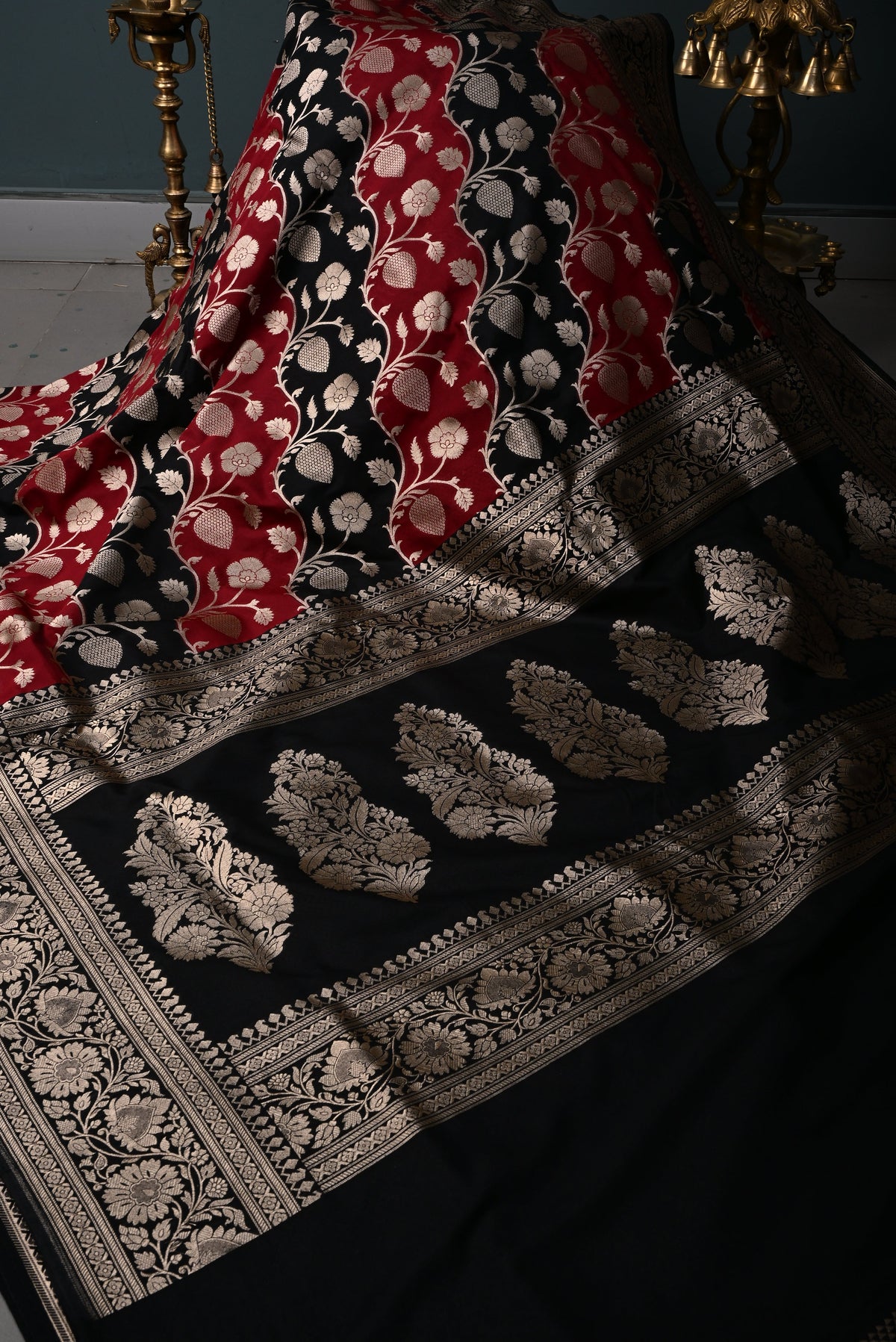 Black-Red Semi Silk Saree with Leheriya Floral Jaal and Zari Border | SHOBITAM