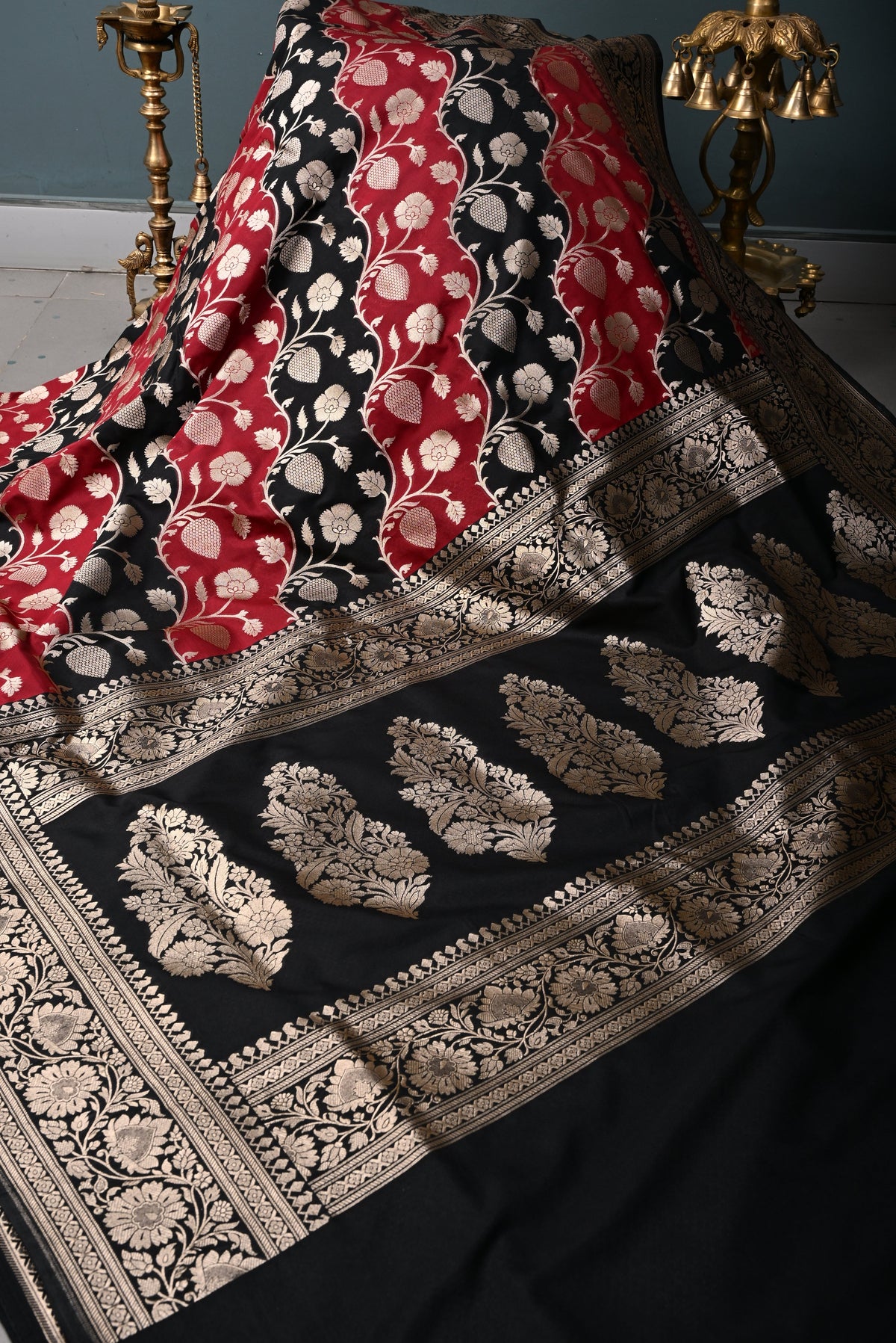 Black-Red Semi Silk Saree with Leheriya Floral Jaal and Zari Border | SHOBITAM