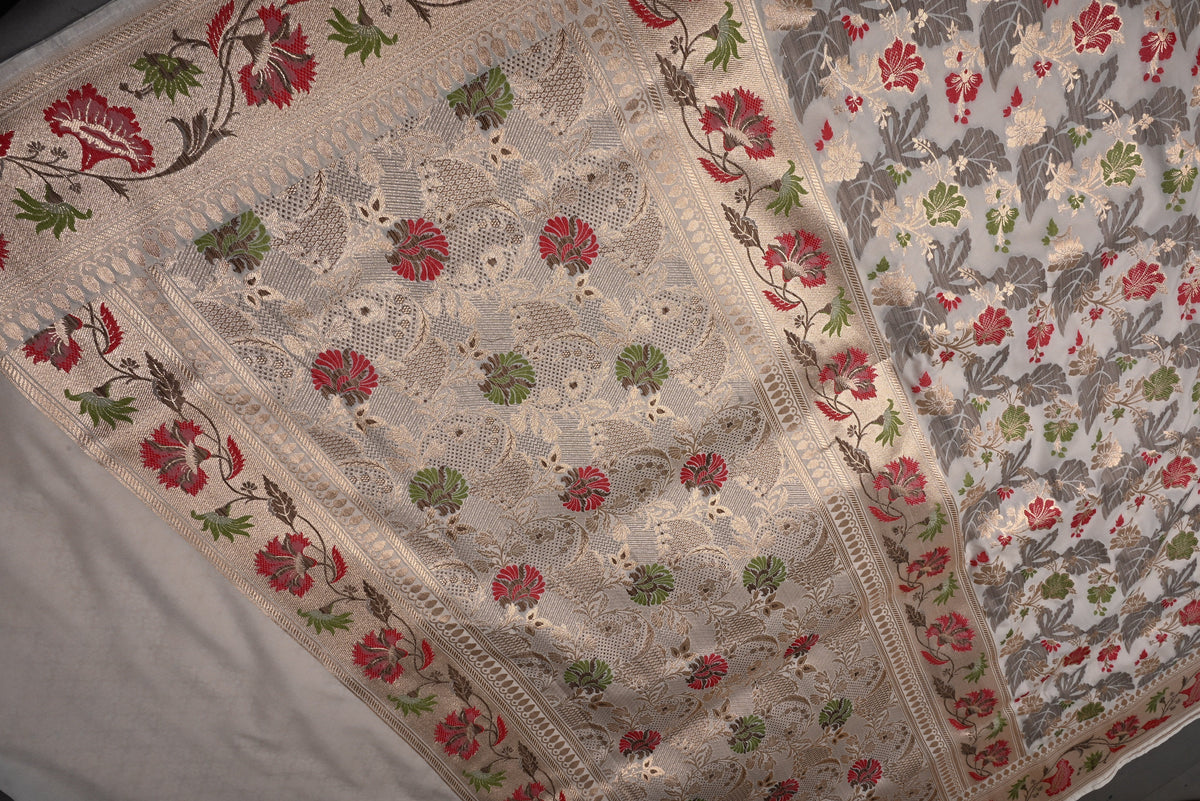 Off-White Floral Meenakari Jaal on Semi Silk Saree with Zari Border | SHOBITAM