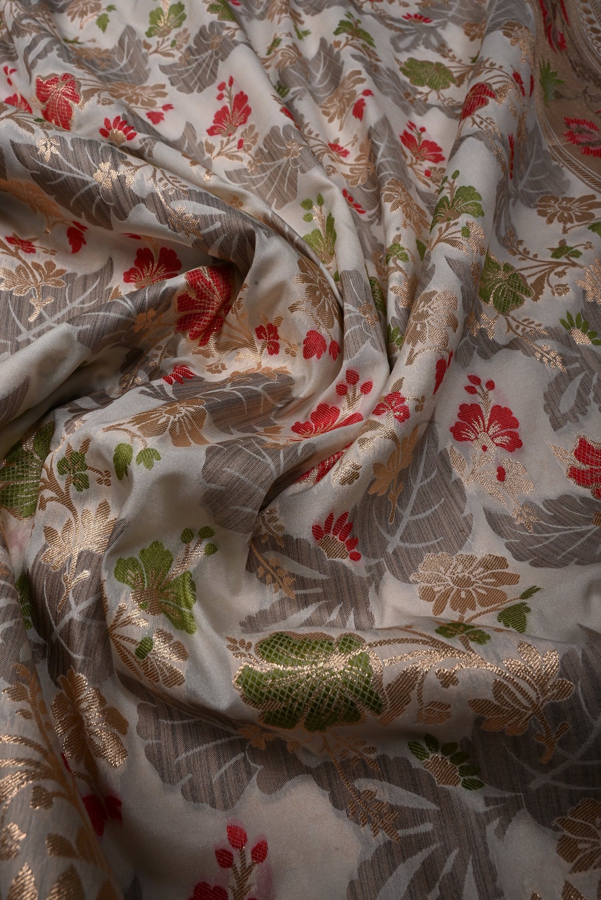 Off-White Floral Meenakari Jaal on Semi Silk Saree with Zari Border | SHOBITAM