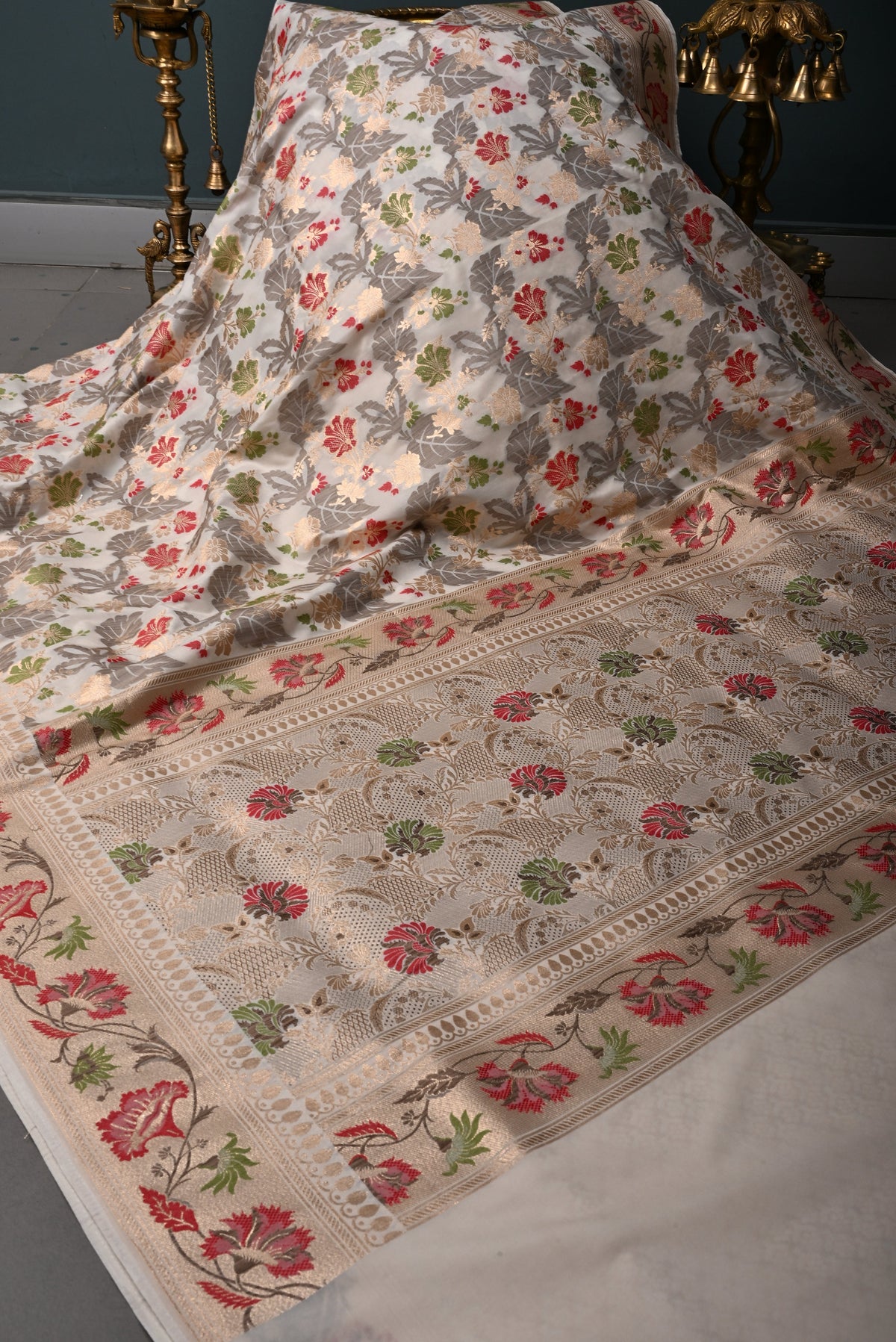 Off-White Floral Meenakari Jaal on Semi Silk Saree with Zari Border | SHOBITAM