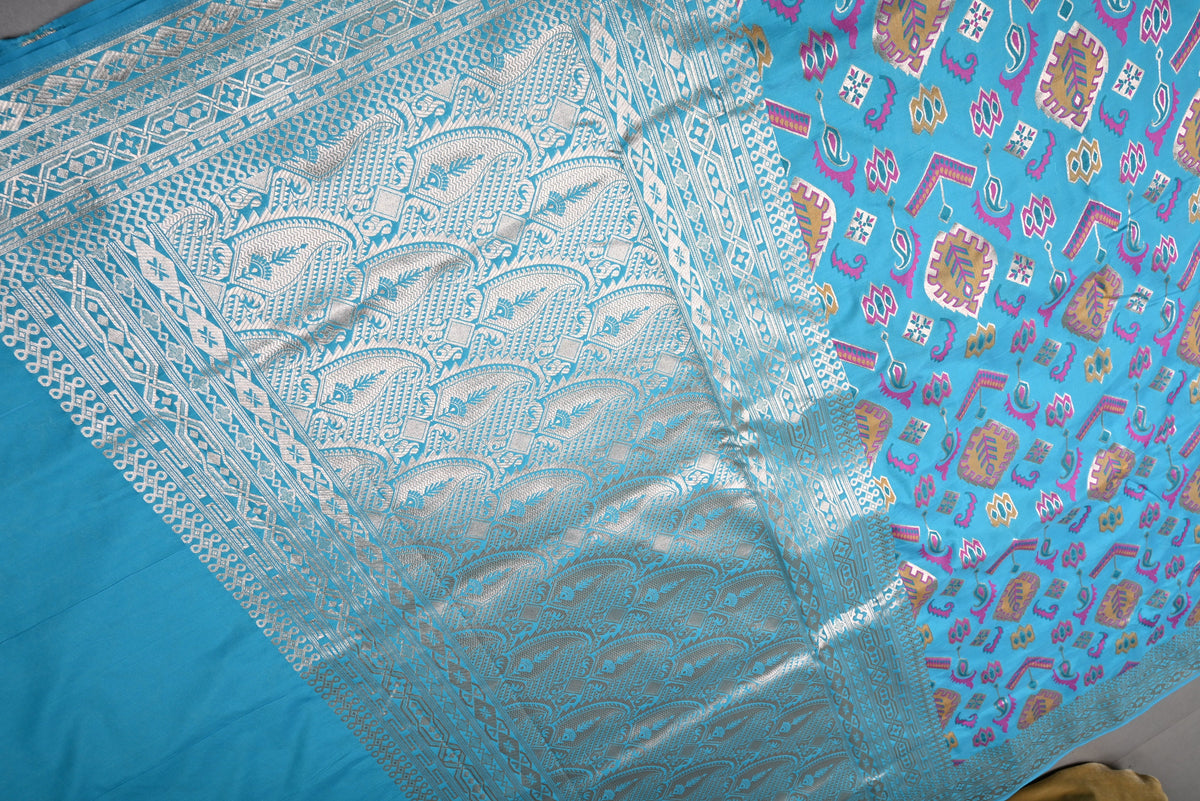 Turquoise Blue Semi Silk Saree with Meenakari Zari Brocade and Zari Border | SHOBITAM