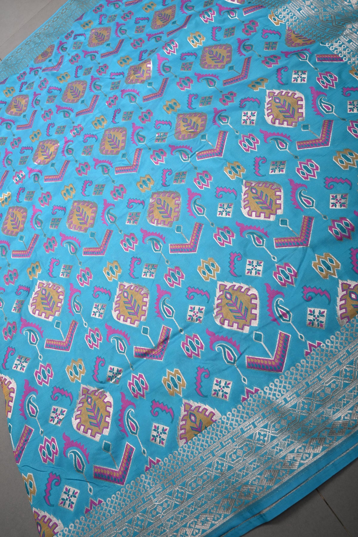 Turquoise Blue Semi Silk Saree with Meenakari Zari Brocade and Zari Border | SHOBITAM