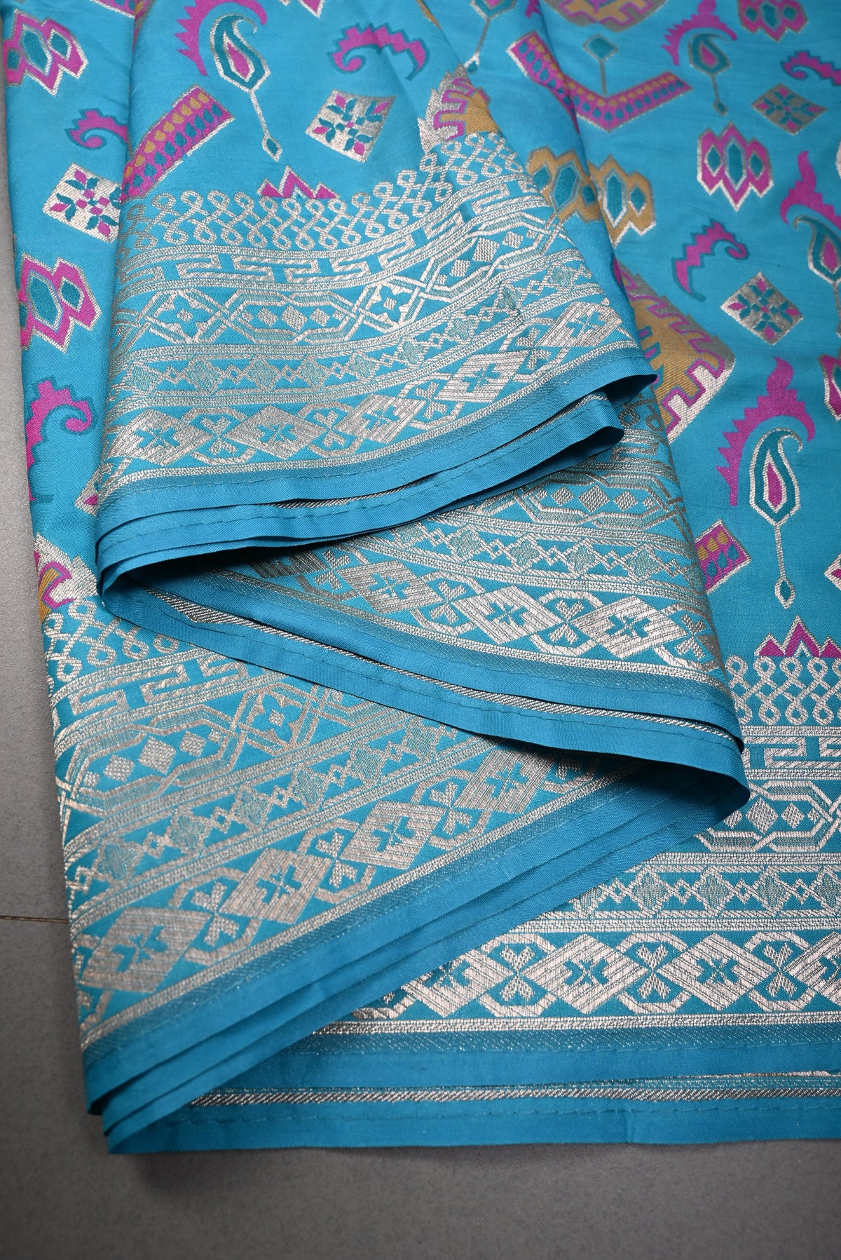 Turquoise Blue Semi Silk Saree with Meenakari Zari Brocade and Zari Border | SHOBITAM