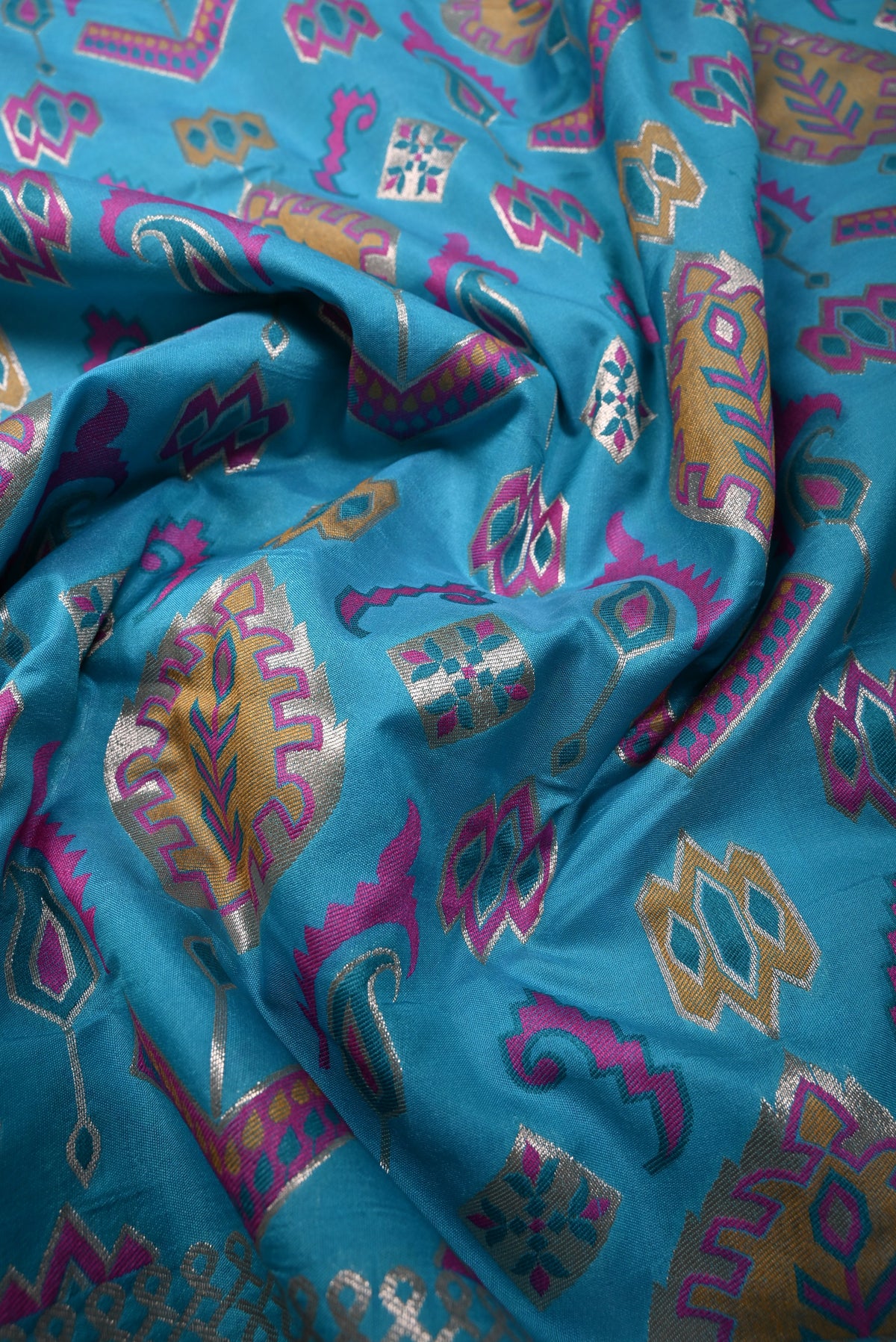 Turquoise Blue Semi Silk Saree with Meenakari Zari Brocade and Zari Border | SHOBITAM