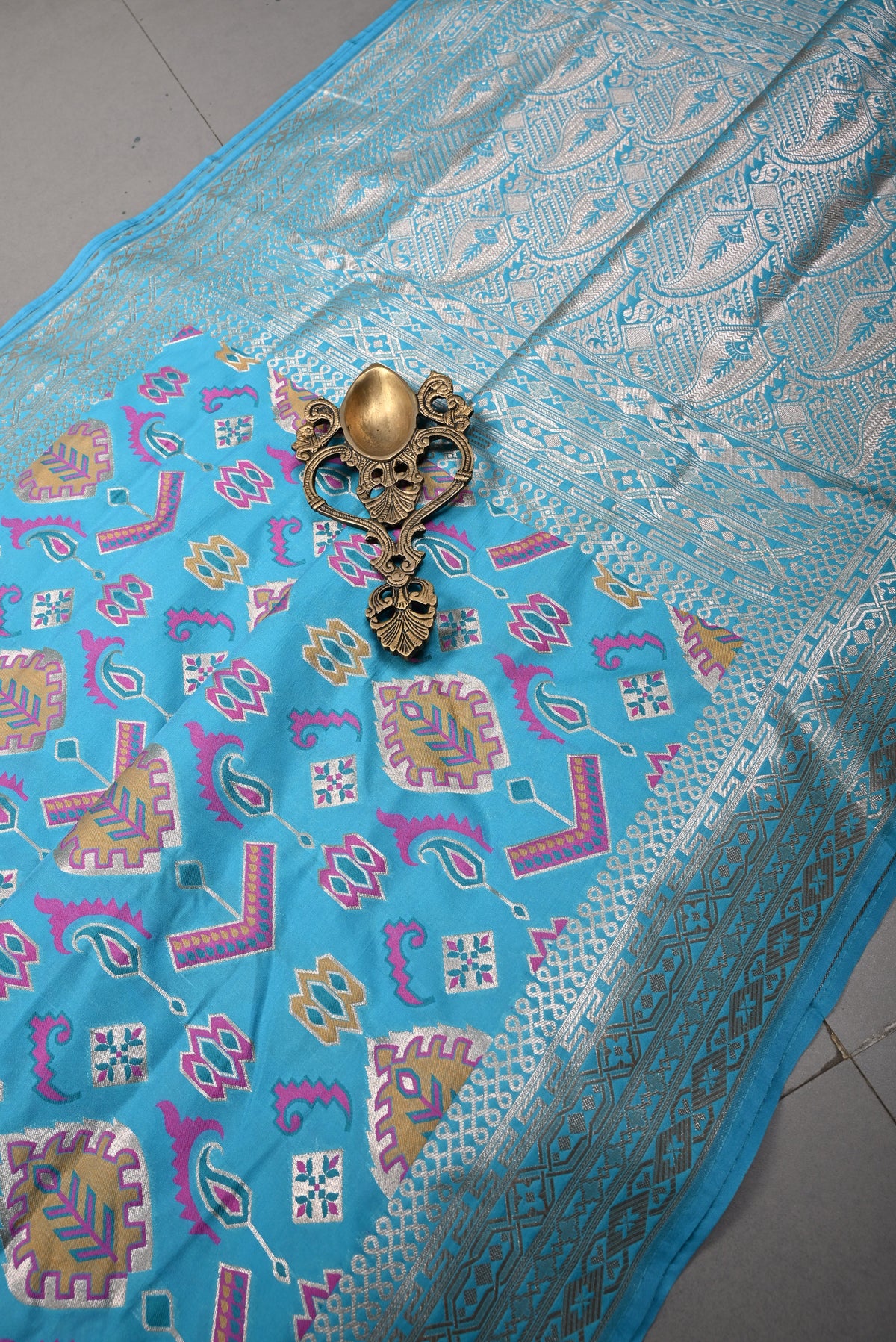 Turquoise Blue Semi Silk Saree with Meenakari Zari Brocade and Zari Border | SHOBITAM