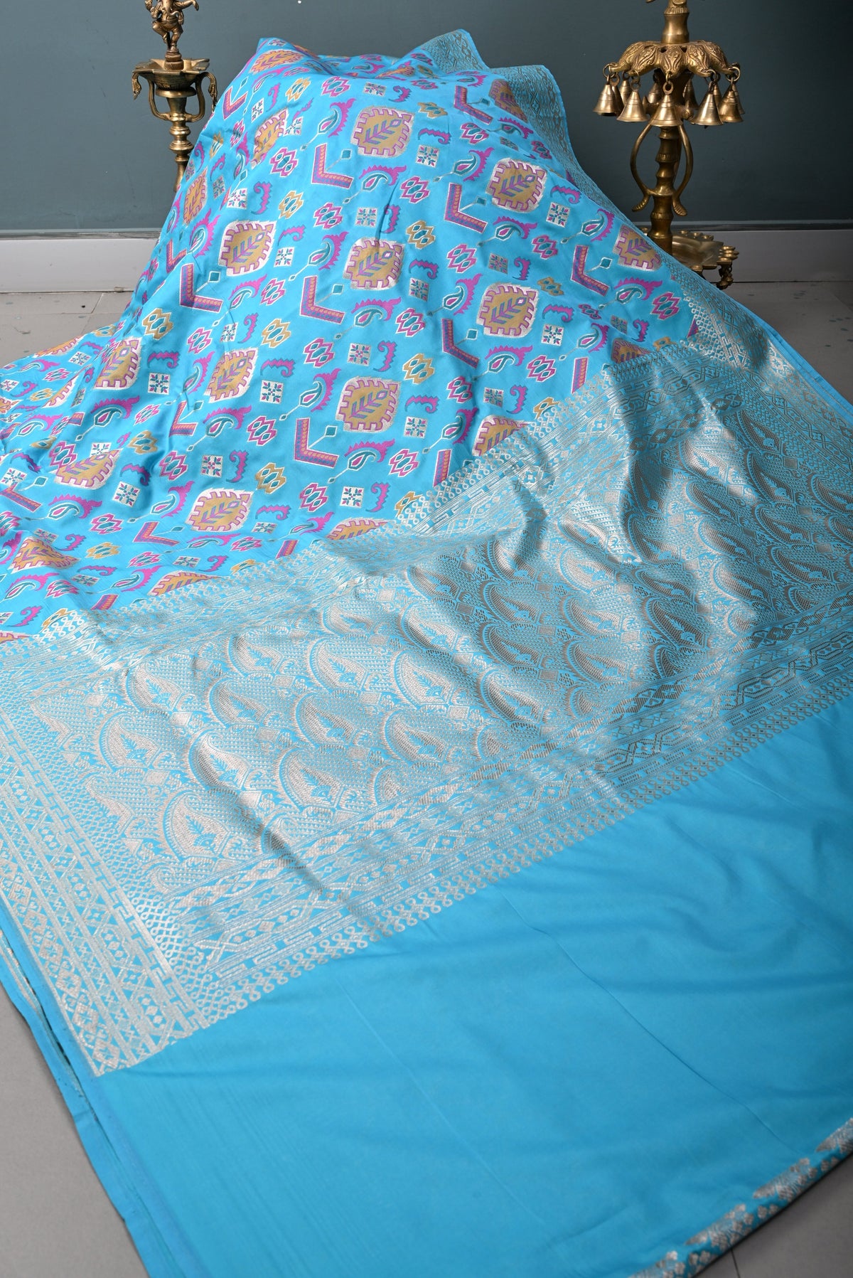Turquoise Blue Semi Silk Saree with Meenakari Zari Brocade and Zari Border | SHOBITAM