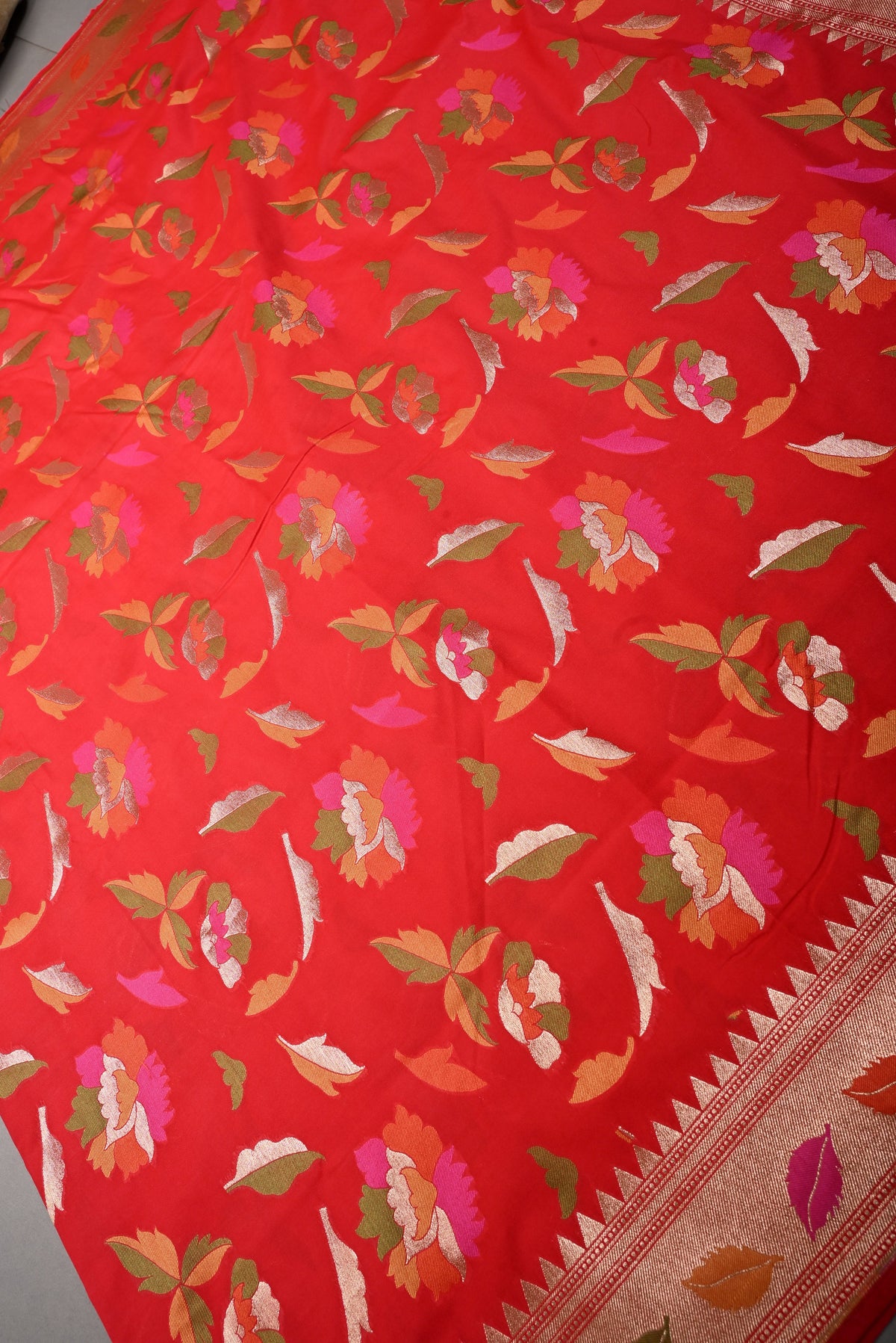 Blood Red Meenakari Floral-Leafs on Semi Silk Saree with Zari Border | SHOBITAM